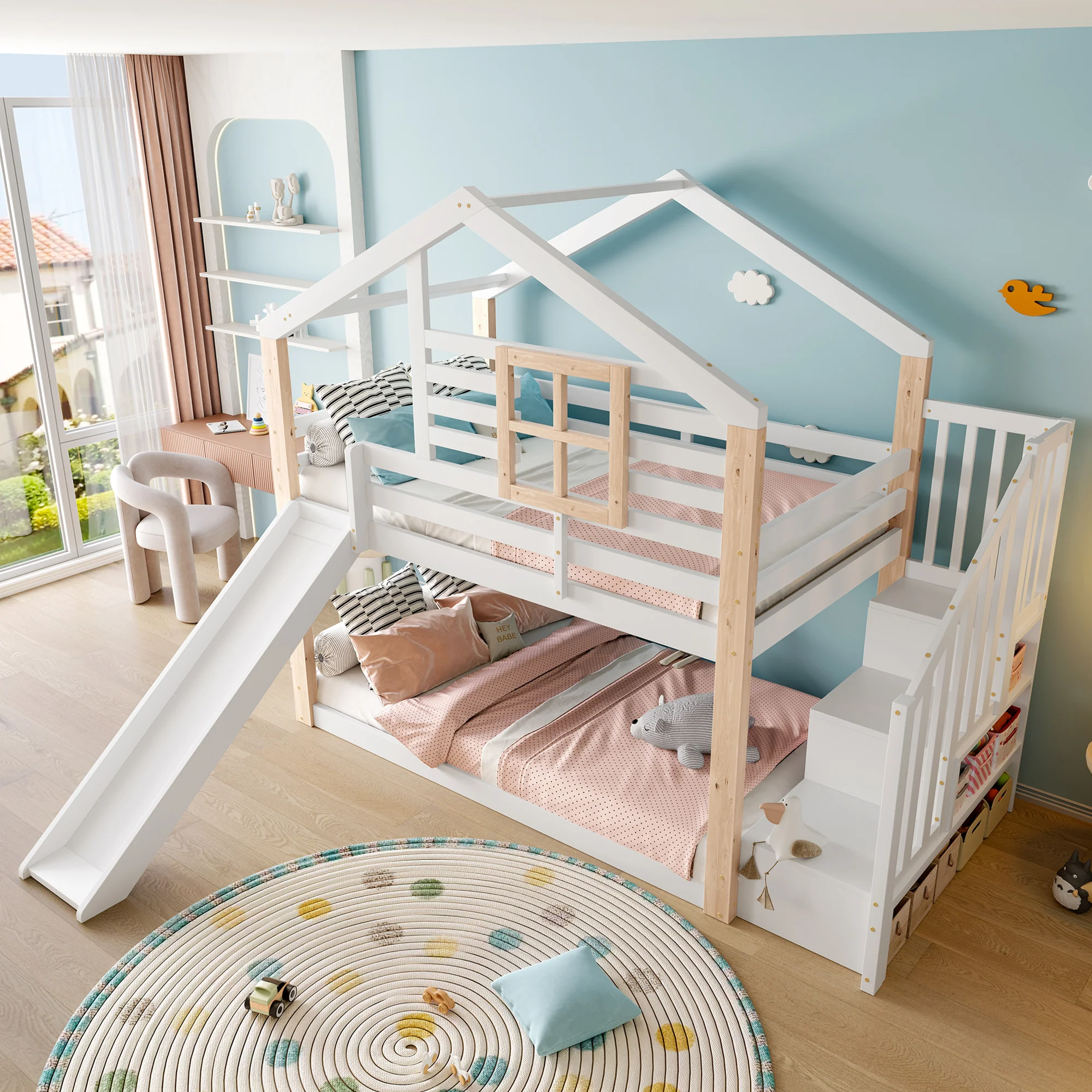 Children's Bunk Bed Slide Stairs Storage - Solid Wood Scandinavian Style - Image 6