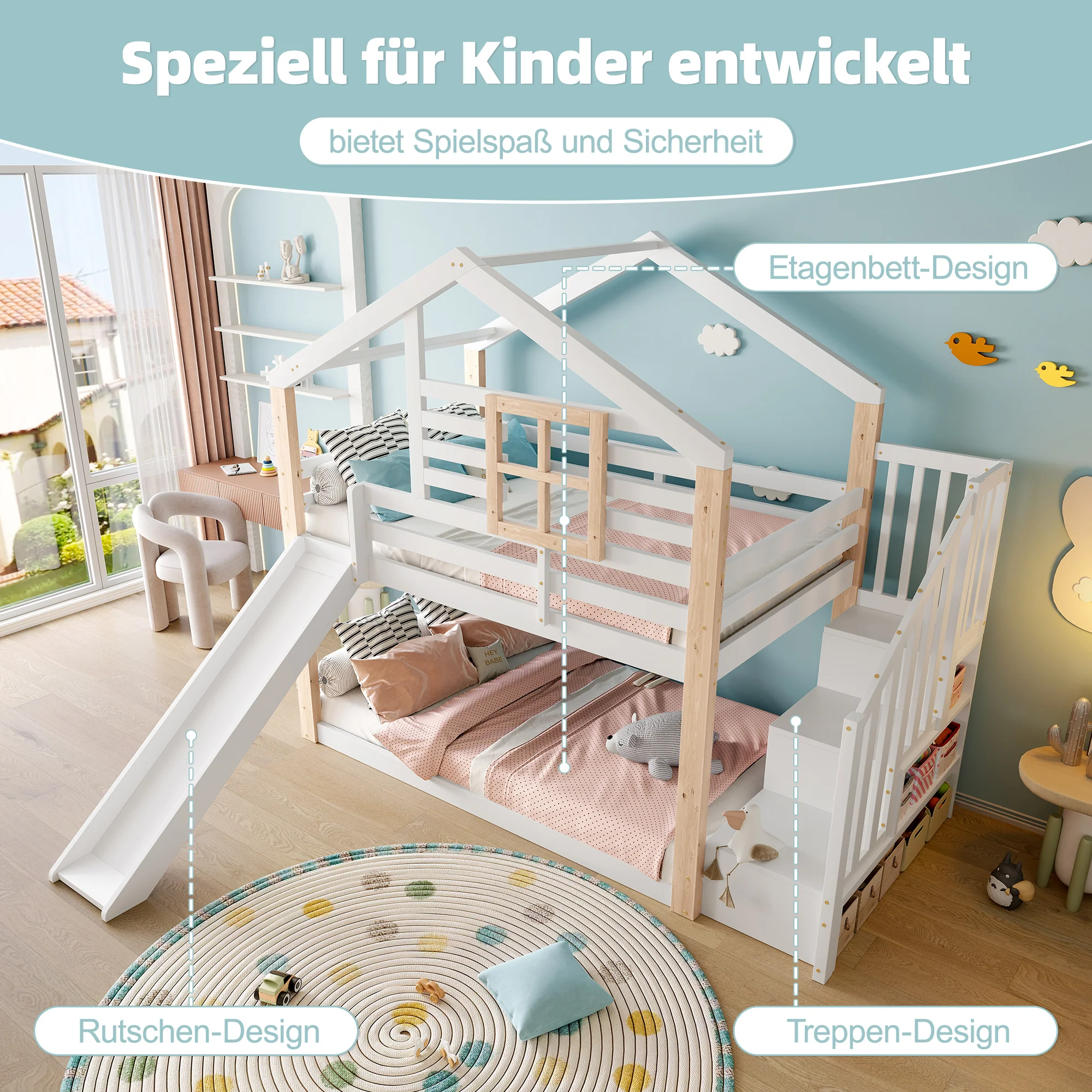 Children's Bunk Bed Slide Stairs Storage - Solid Wood Scandinavian Style - Image 7