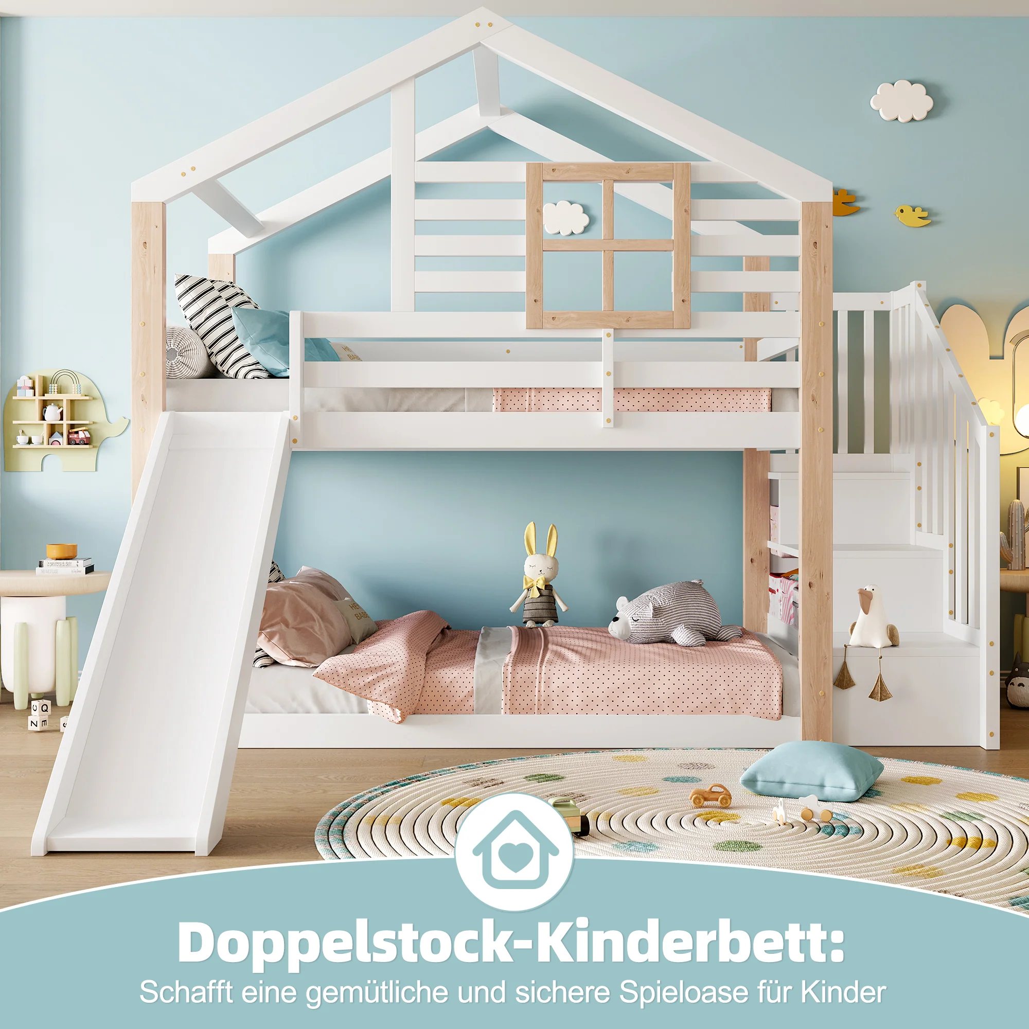 Children's Bunk Bed Slide Stairs Storage - Solid Wood Scandinavian Style - Image 8