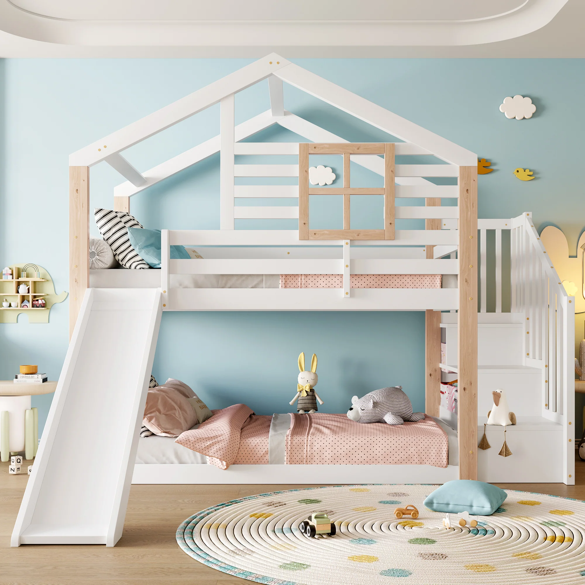 Children's Bunk Bed Slide Stairs Storage - Solid Wood Scandinavian Style - Image 9