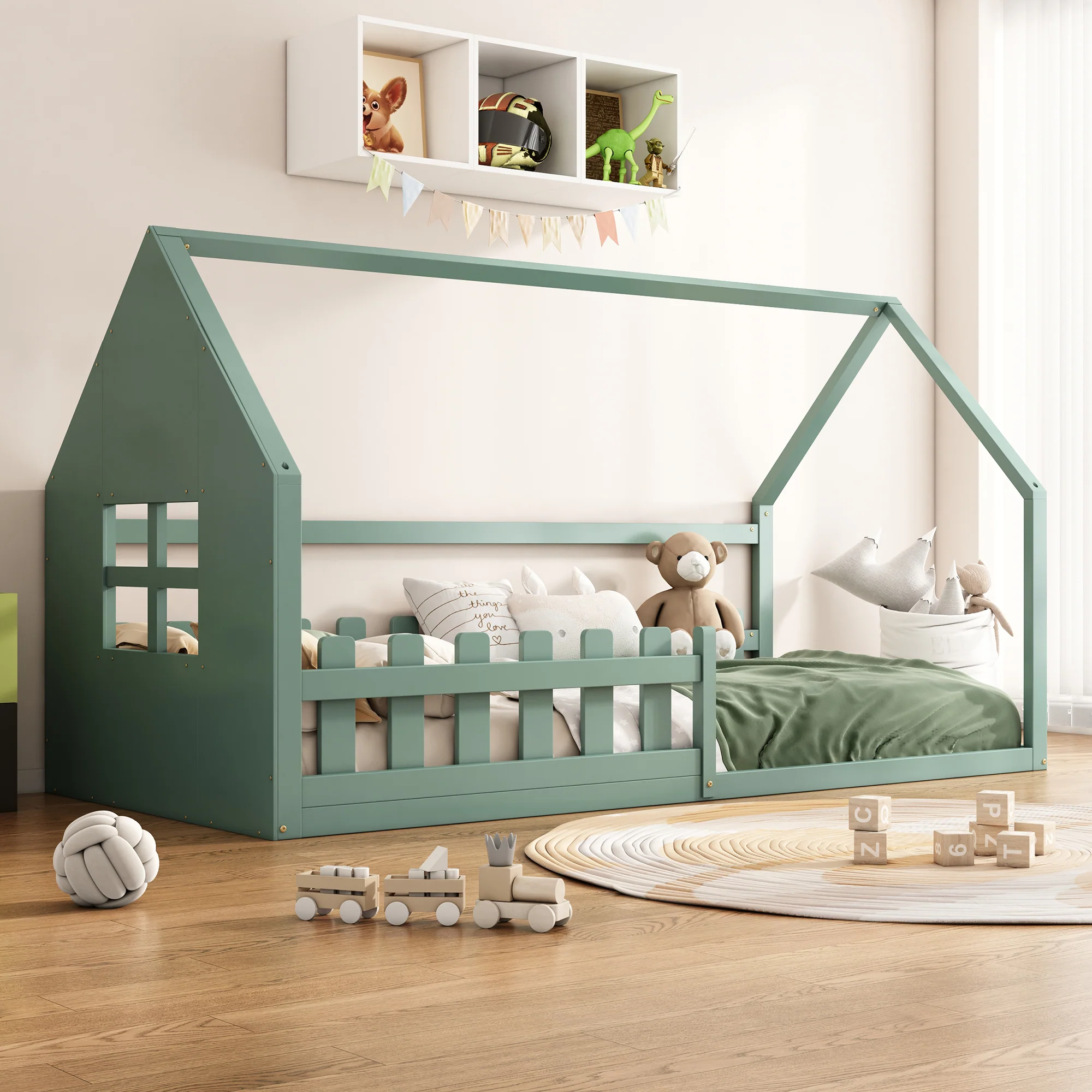 Children's Flat Bed 90x200cm House Rail - Green - Image 2