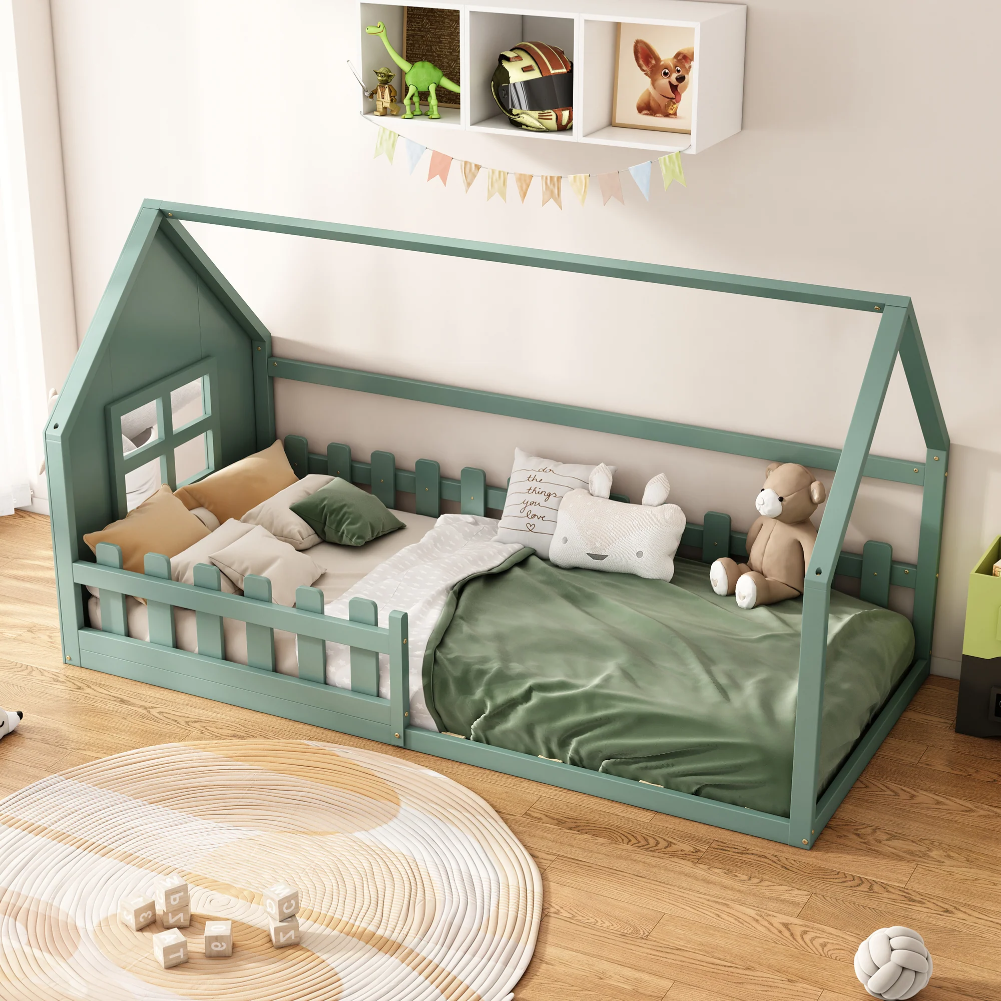 Children's Flat Bed 90x200cm House Rail - Green - Image 4