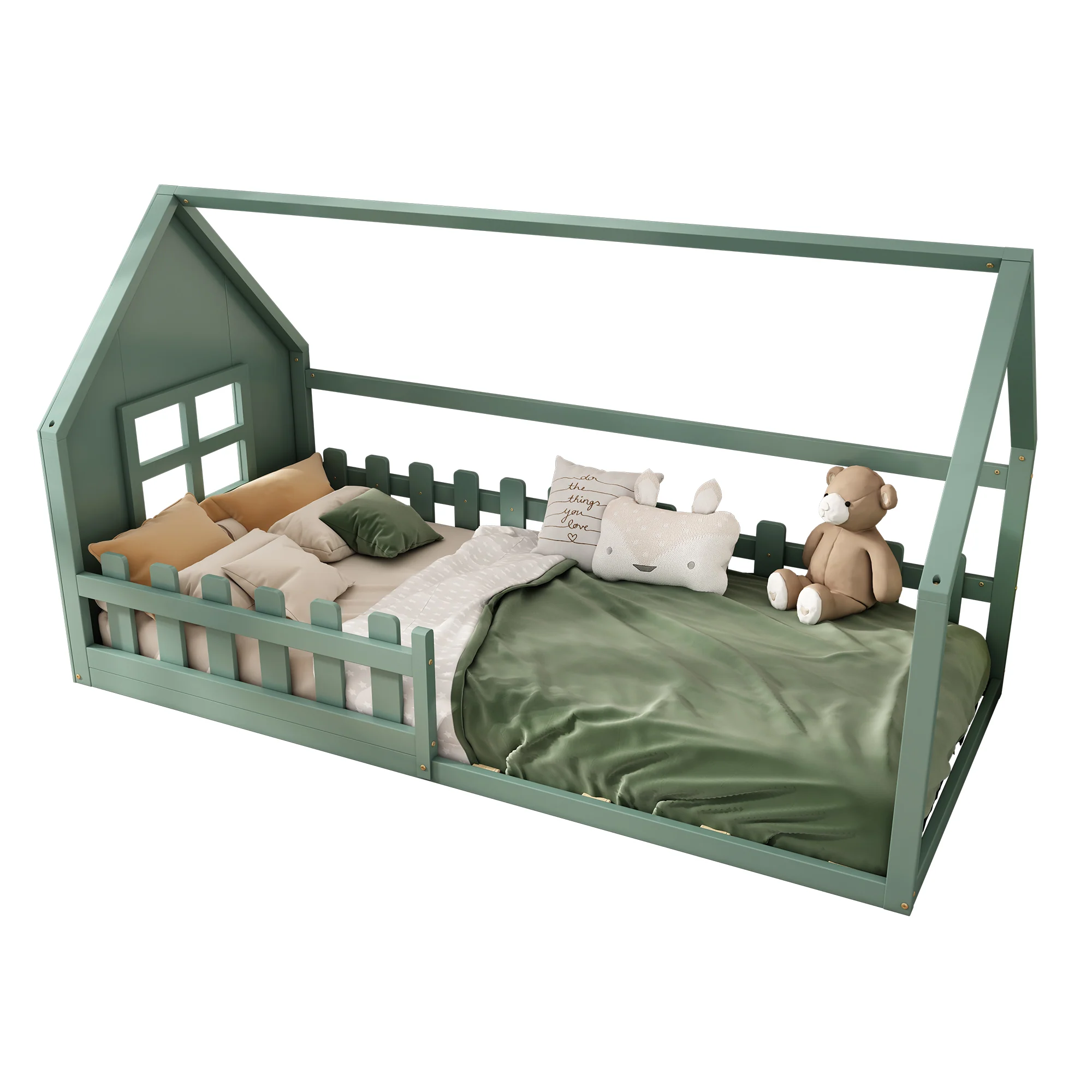 Children's Flat Bed 90x200cm House Rail - Green - Image 5