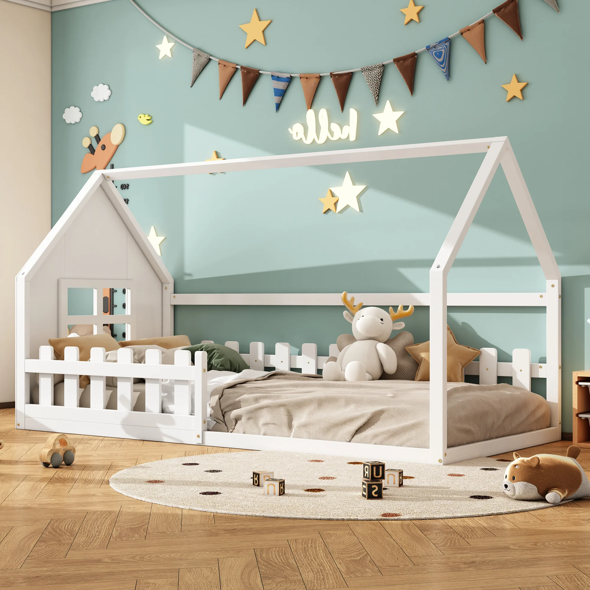 Children's Flat Bed 90x200cm House Rail - White