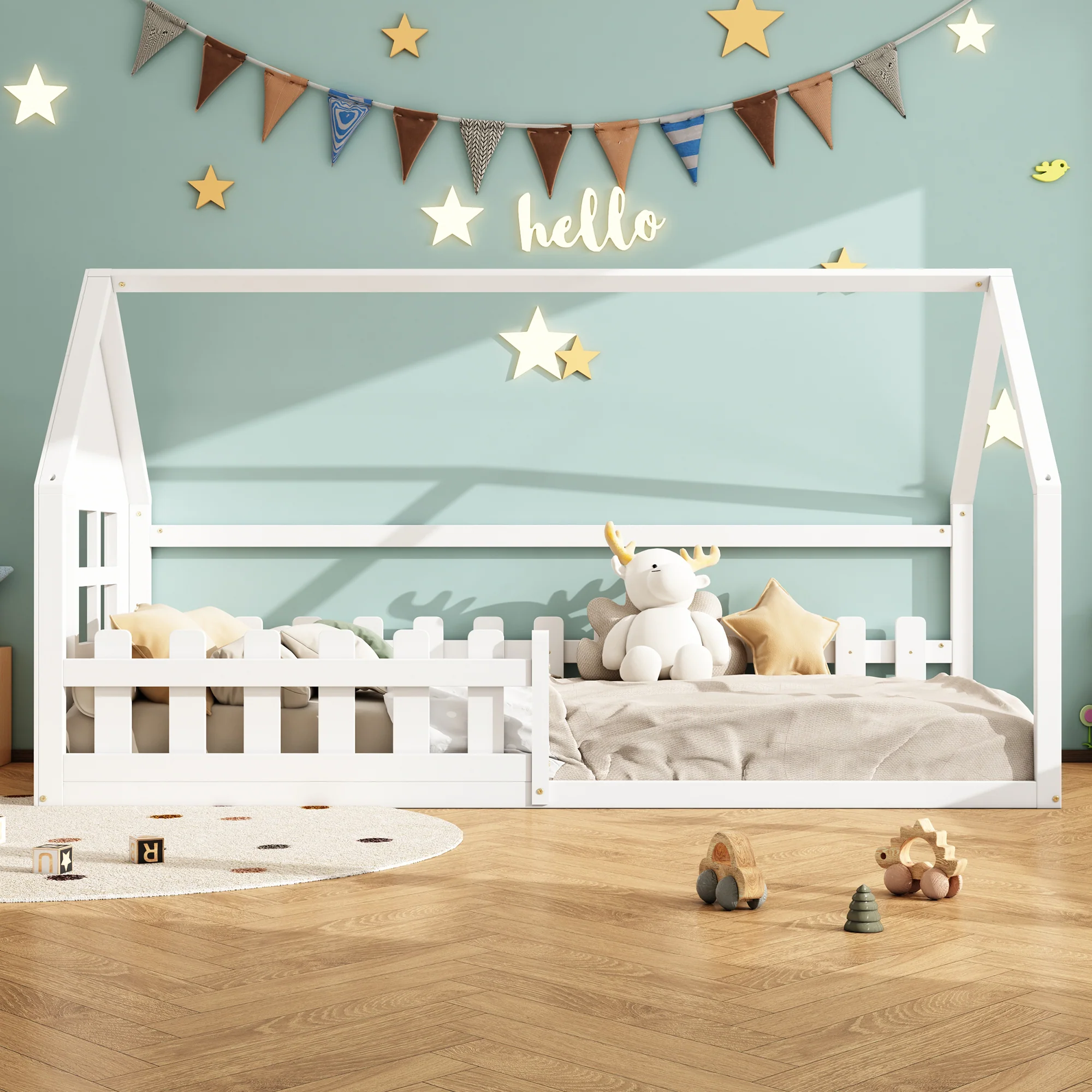 Children's Flat Bed 90x200cm House Rail - White - Image 2