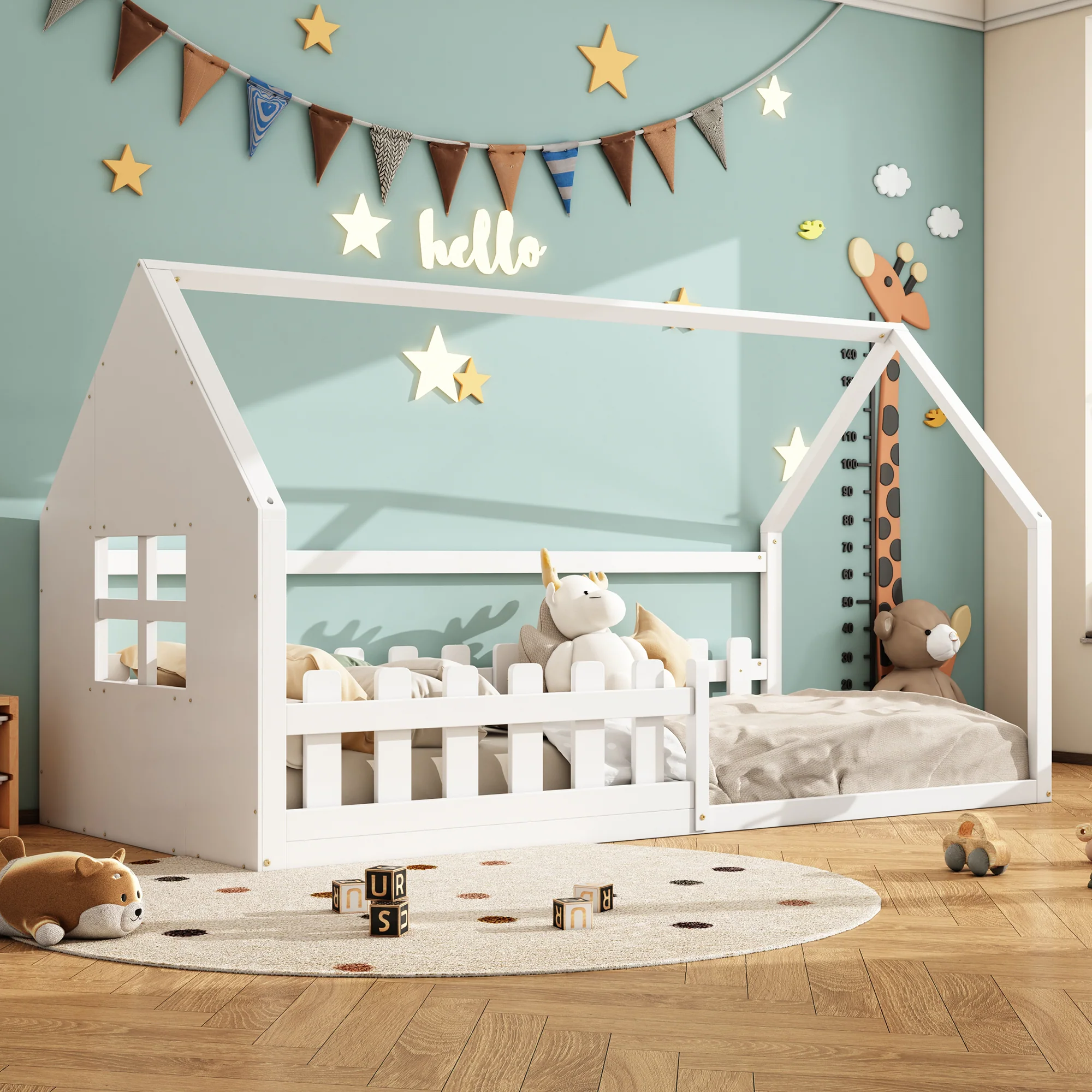 Children's Flat Bed 90x200cm House Rail - White - Image 3