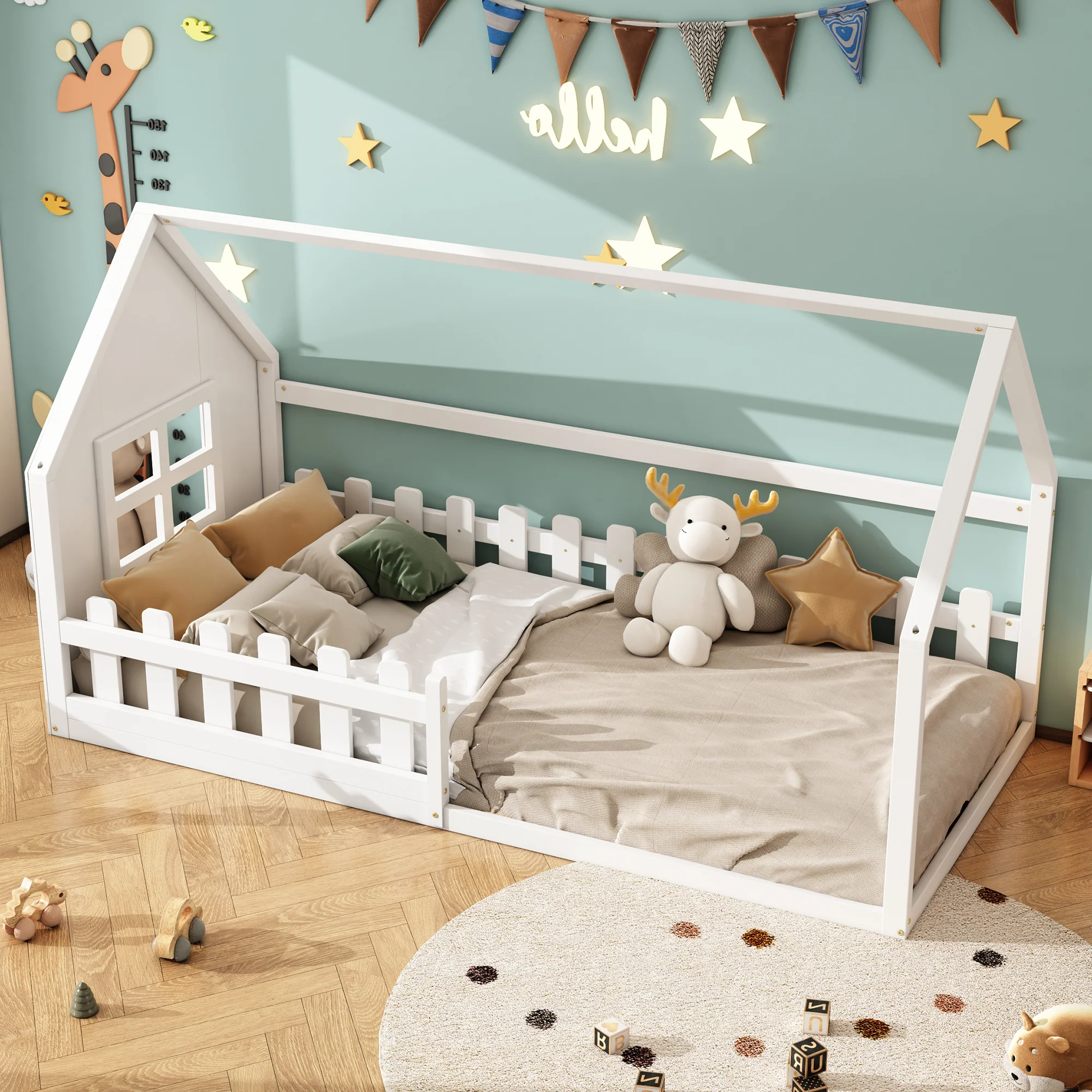 Children's Flat Bed 90x200cm House Rail - White - Image 4