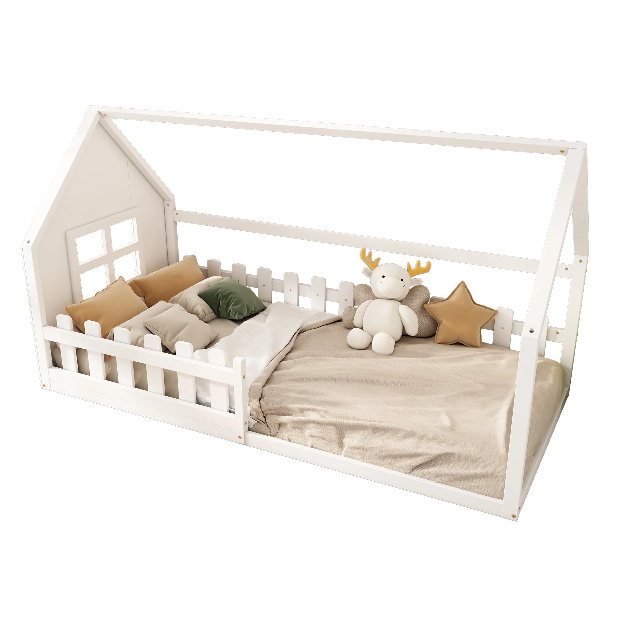 Children's Flat Bed 90x200cm House Rail - White - Image 5