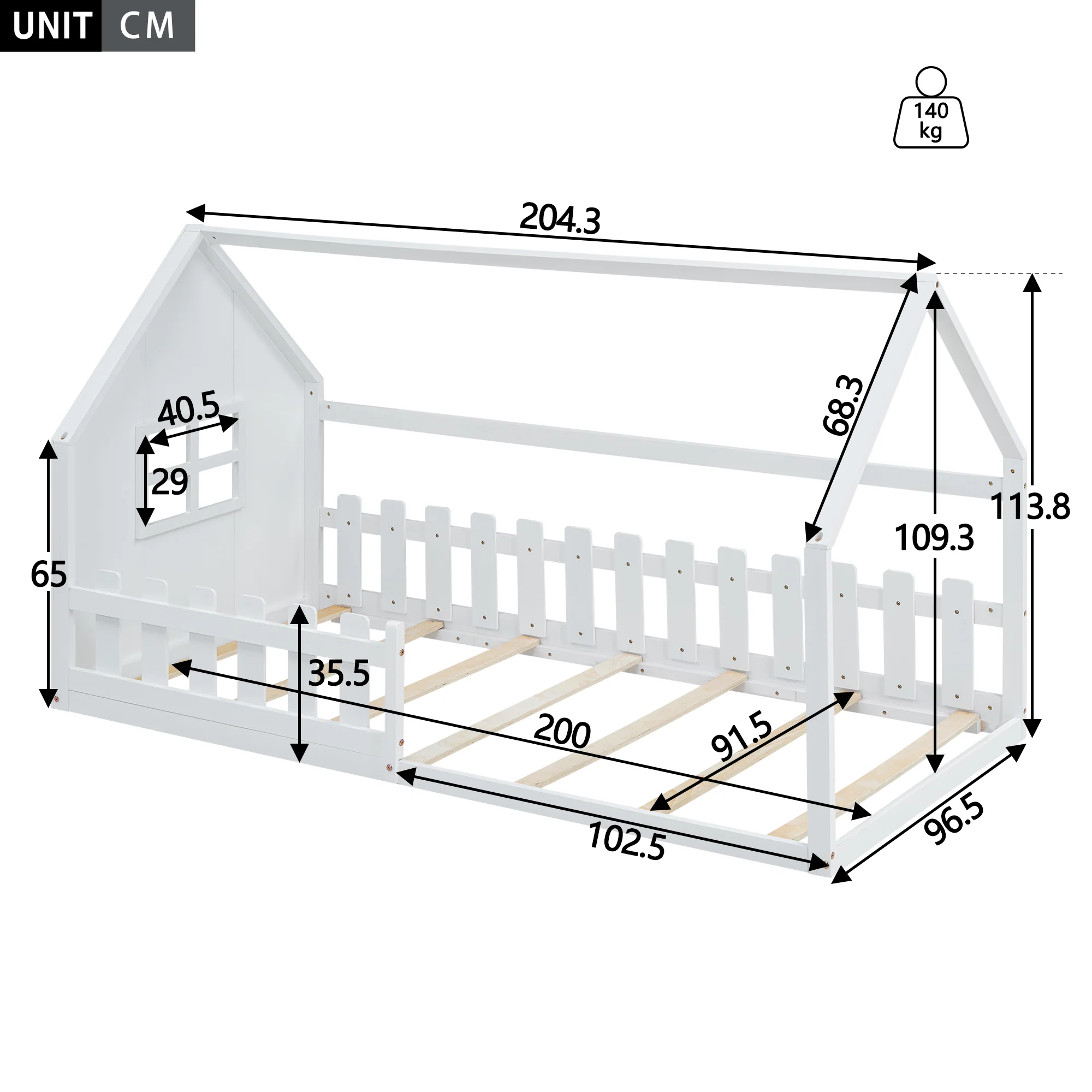 Children's Flat Bed 90x200cm House Rail - White - Image 6