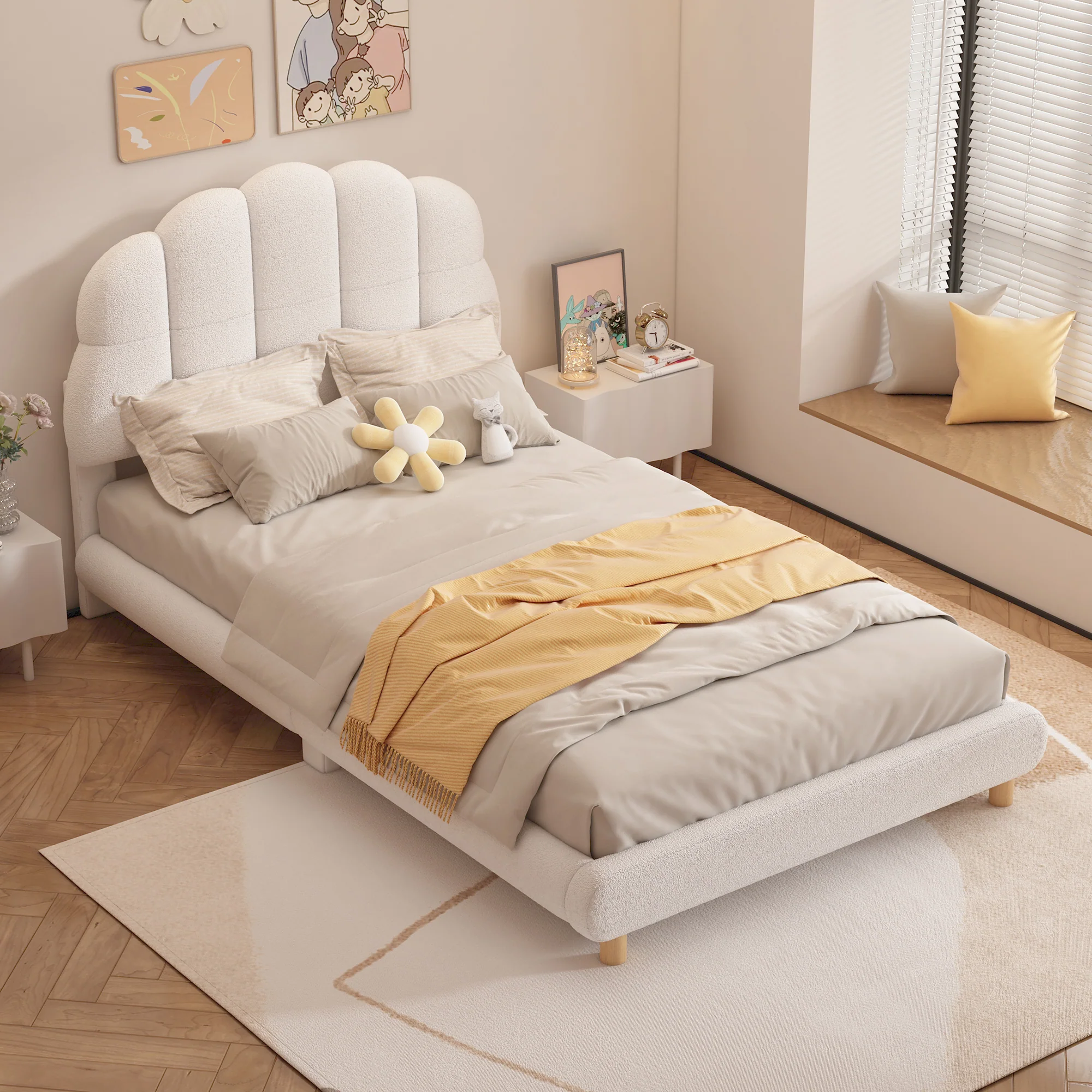 Children's Flat Bed 90x200cm Plush Cute Headboard - White - Image 2