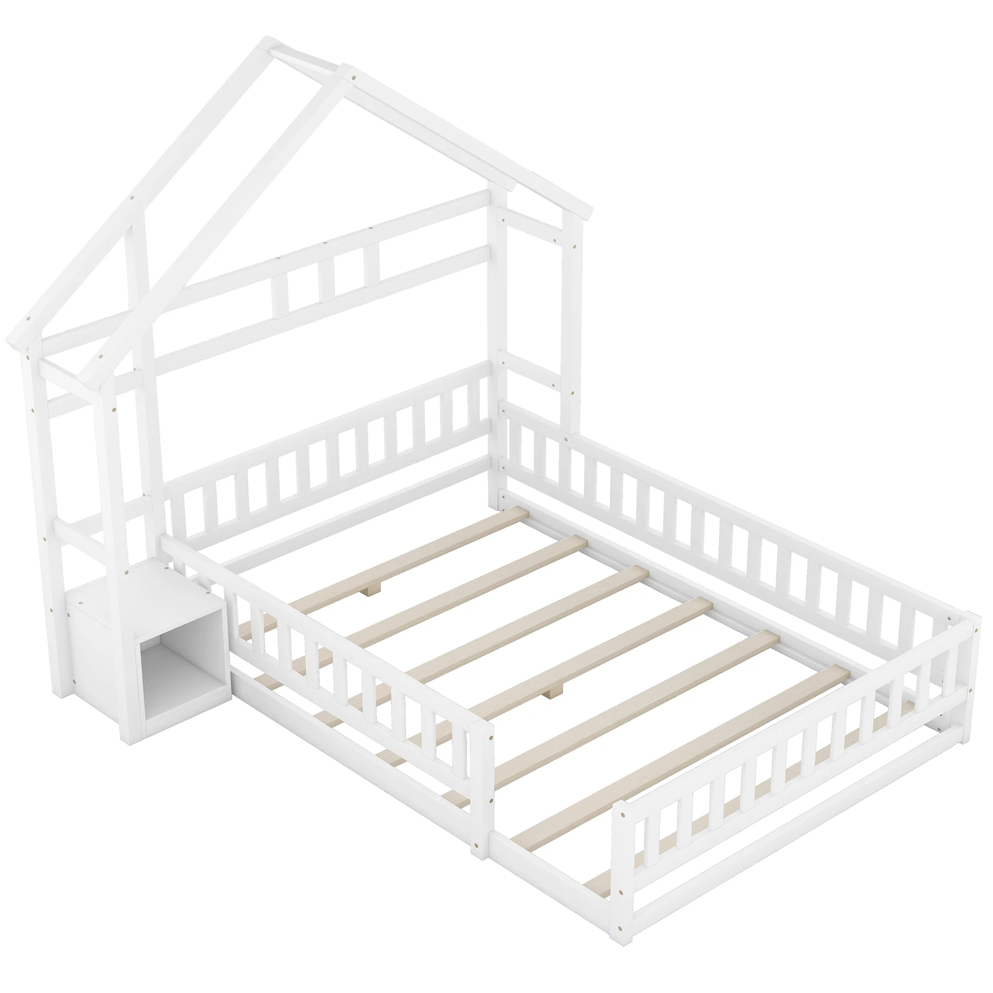 Children's House Bed 140x200cm with Railing & Bedside Tables - White - Image 10