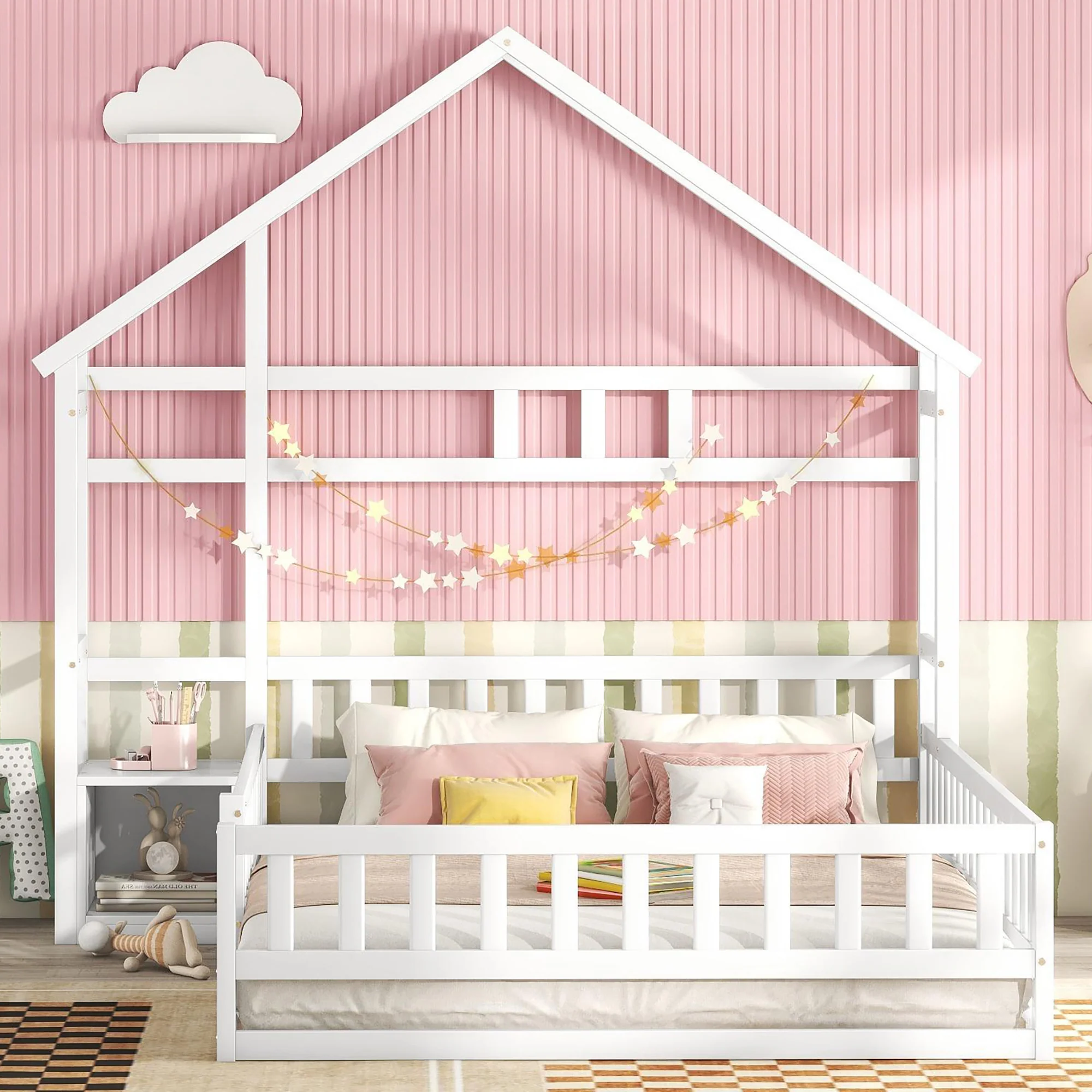 Children's House Bed 140x200cm with Railing & Bedside Tables - White - Image 2