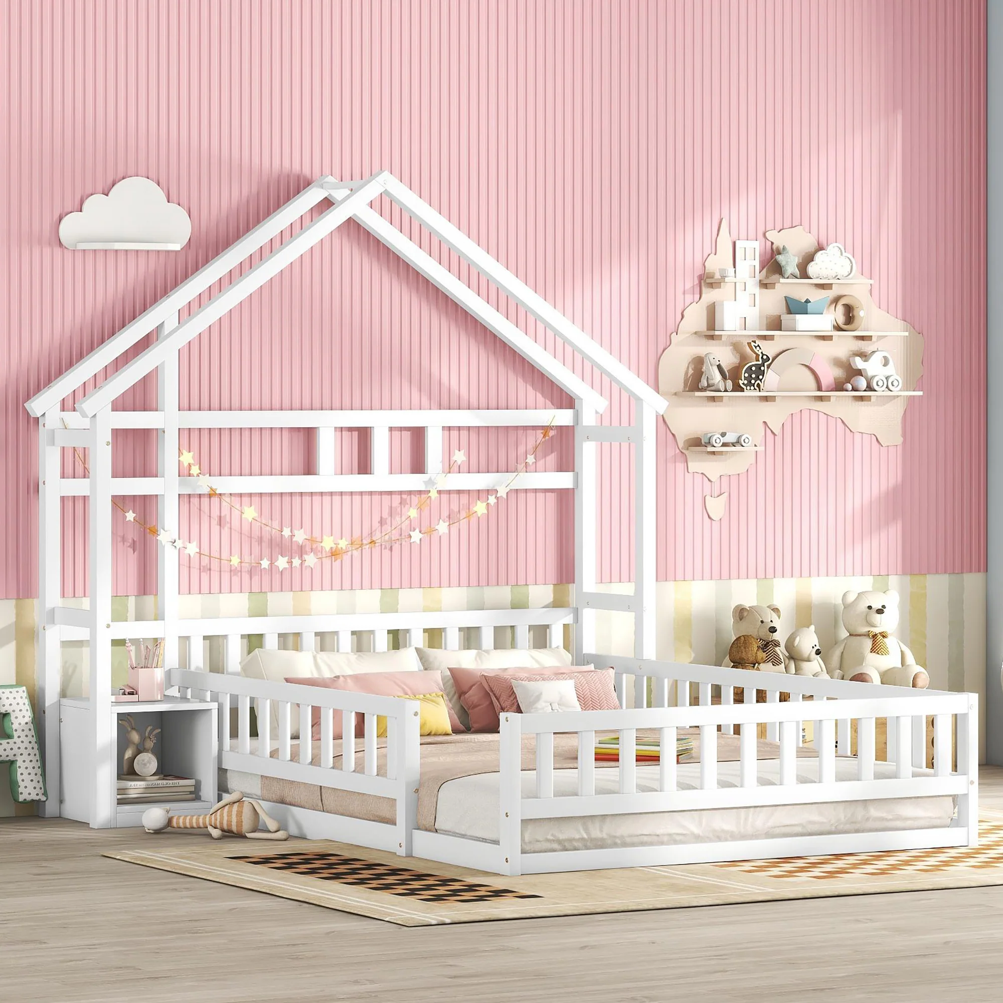 Children's House Bed 140x200cm with Railing & Bedside Tables - White - Image 3