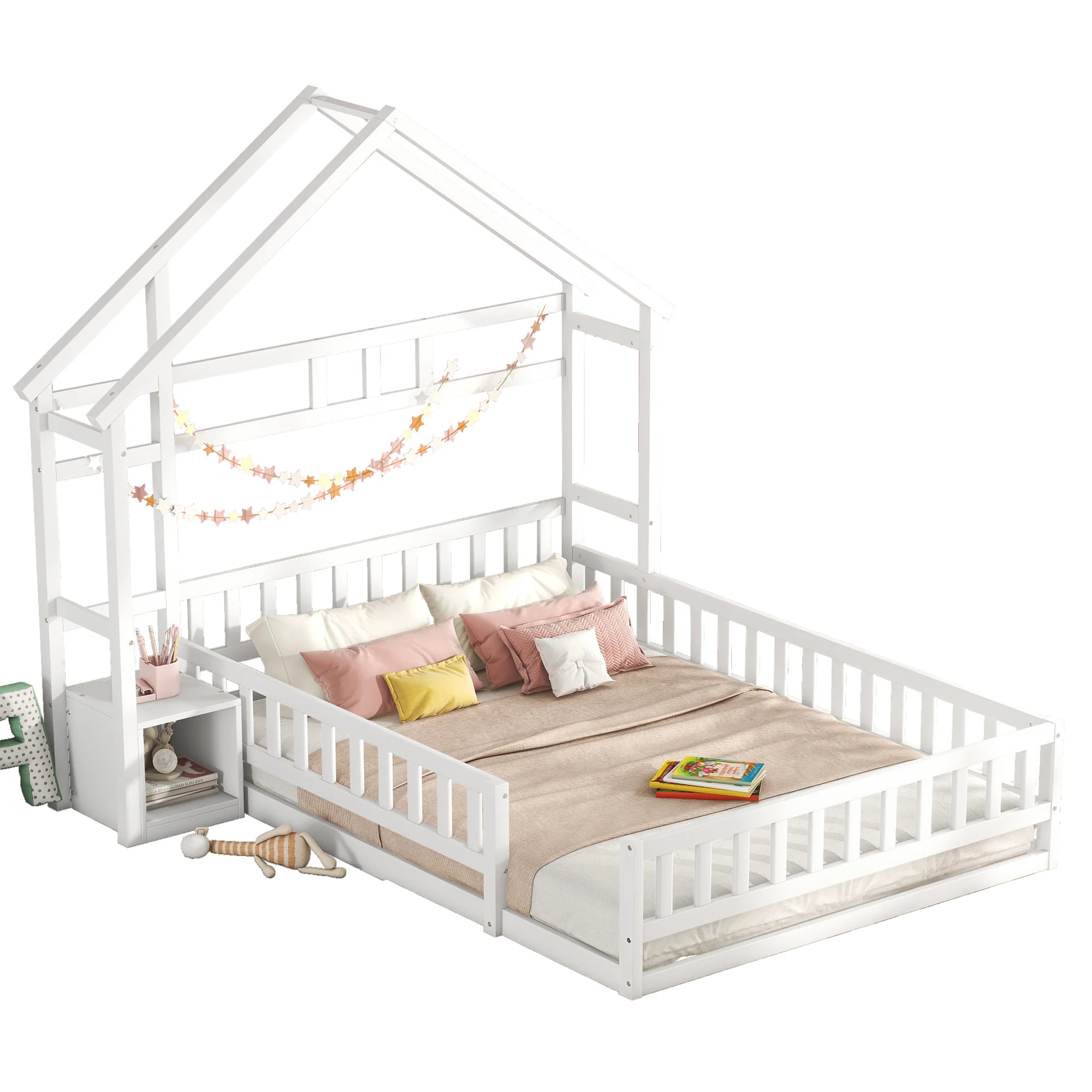 Children's House Bed 140x200cm with Railing & Bedside Tables - White - Image 4