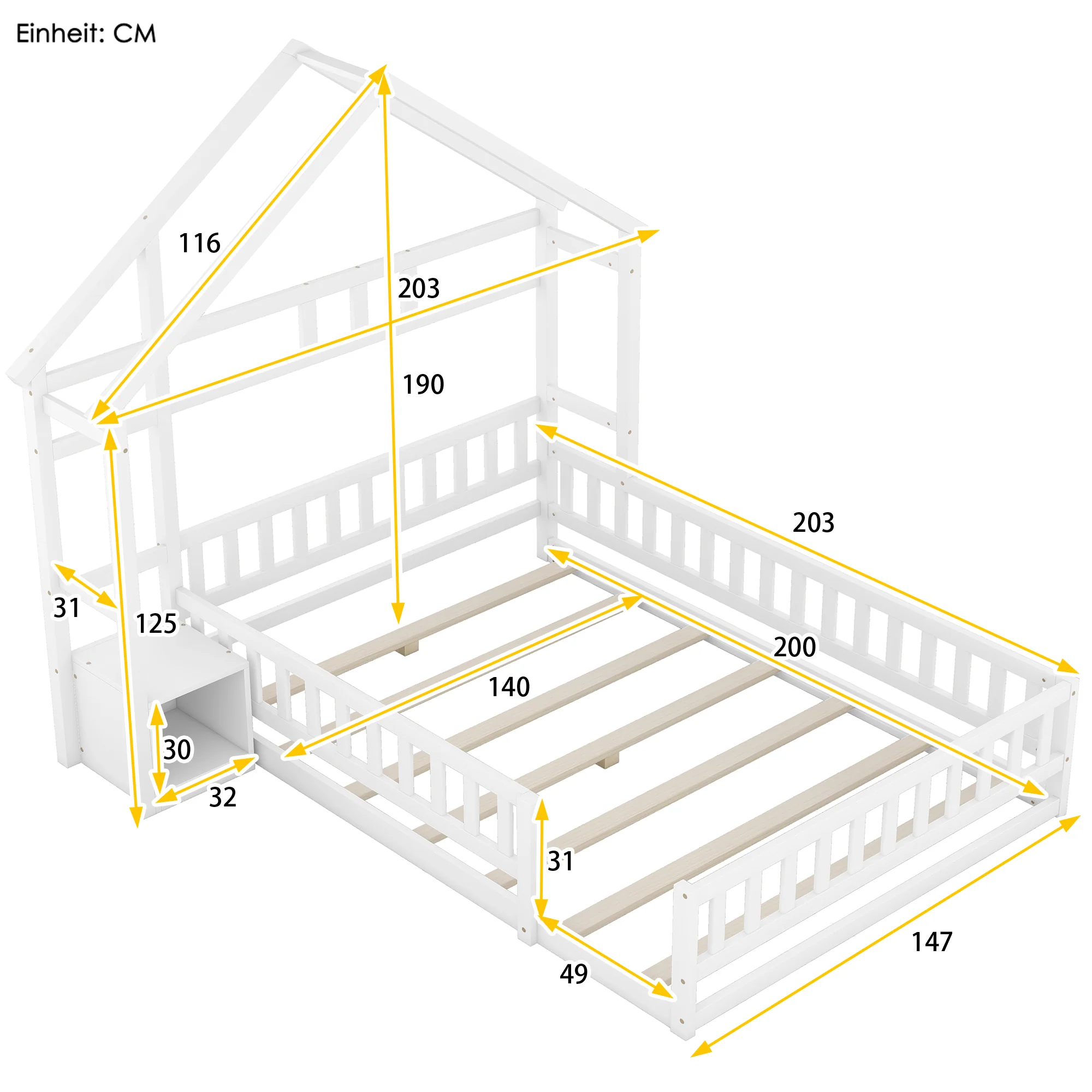 Children's House Bed 140x200cm with Railing & Bedside Tables - White - Image 5