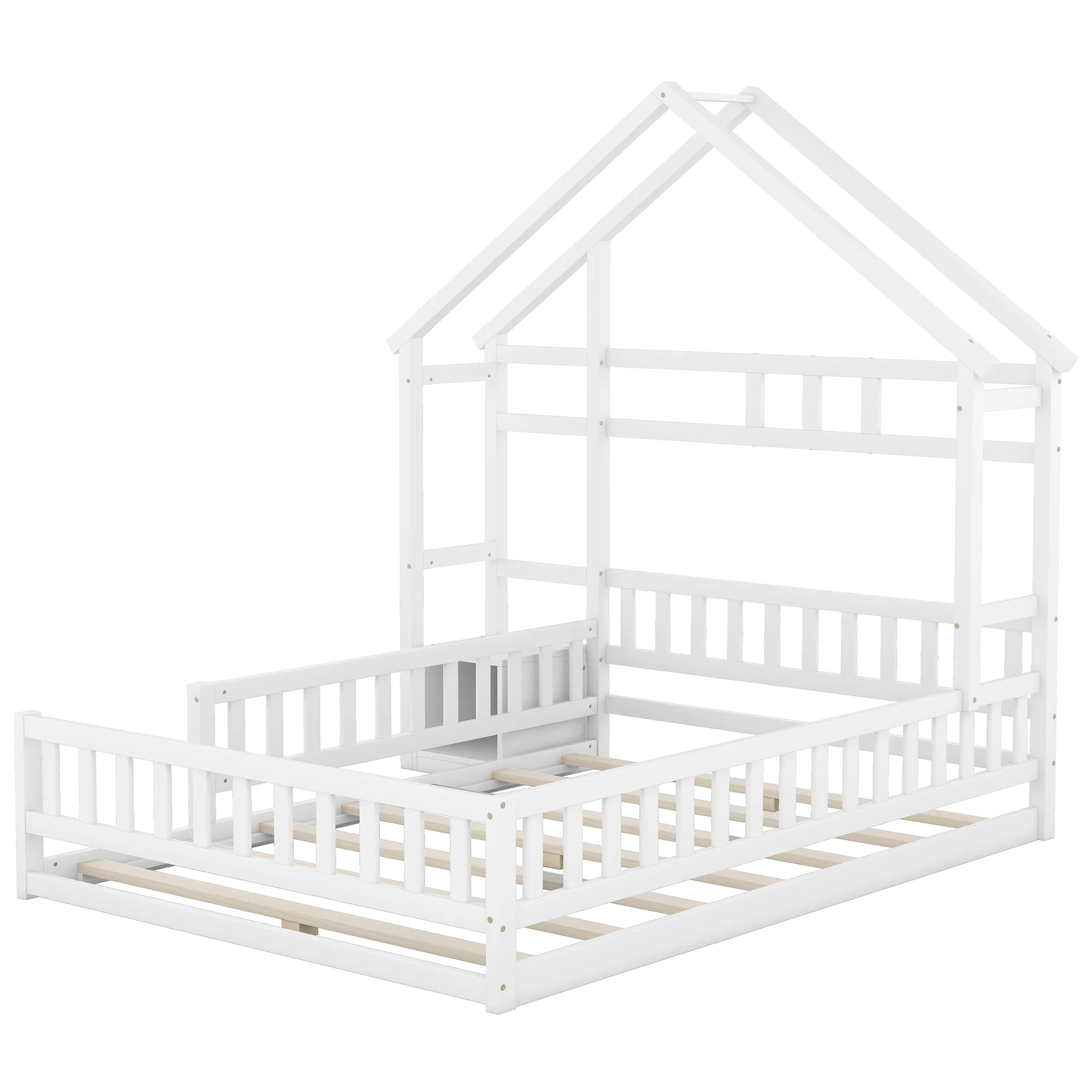 Children's House Bed 140x200cm with Railing & Bedside Tables - White - Image 7