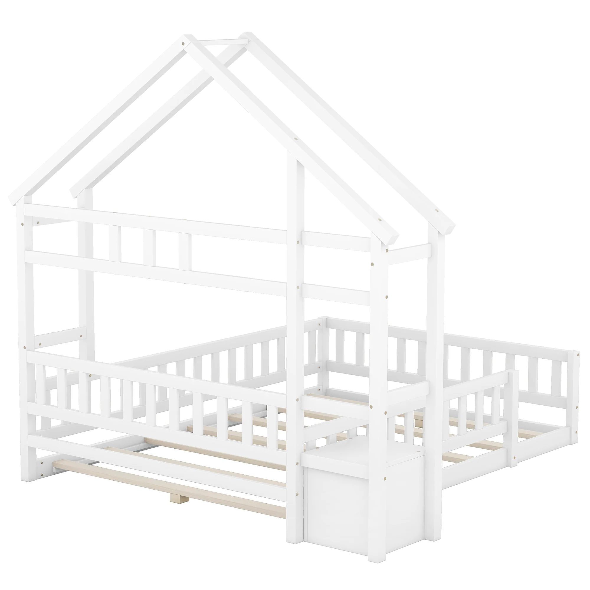 Children's House Bed 140x200cm with Railing & Bedside Tables - White - Image 9