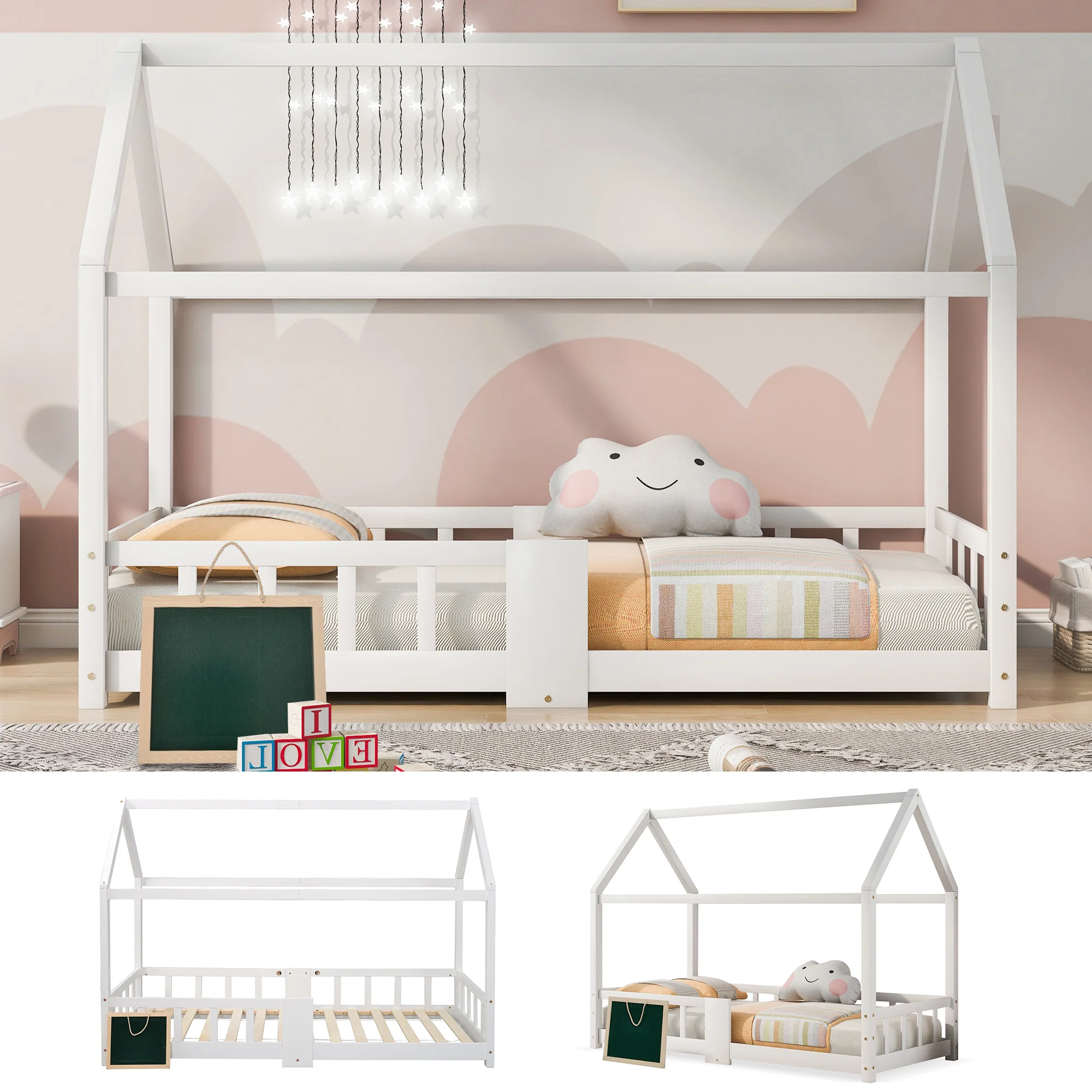 Children's House Bed 90 x 200 cm, with Blackboard & Slatted Frame, White Pinewood