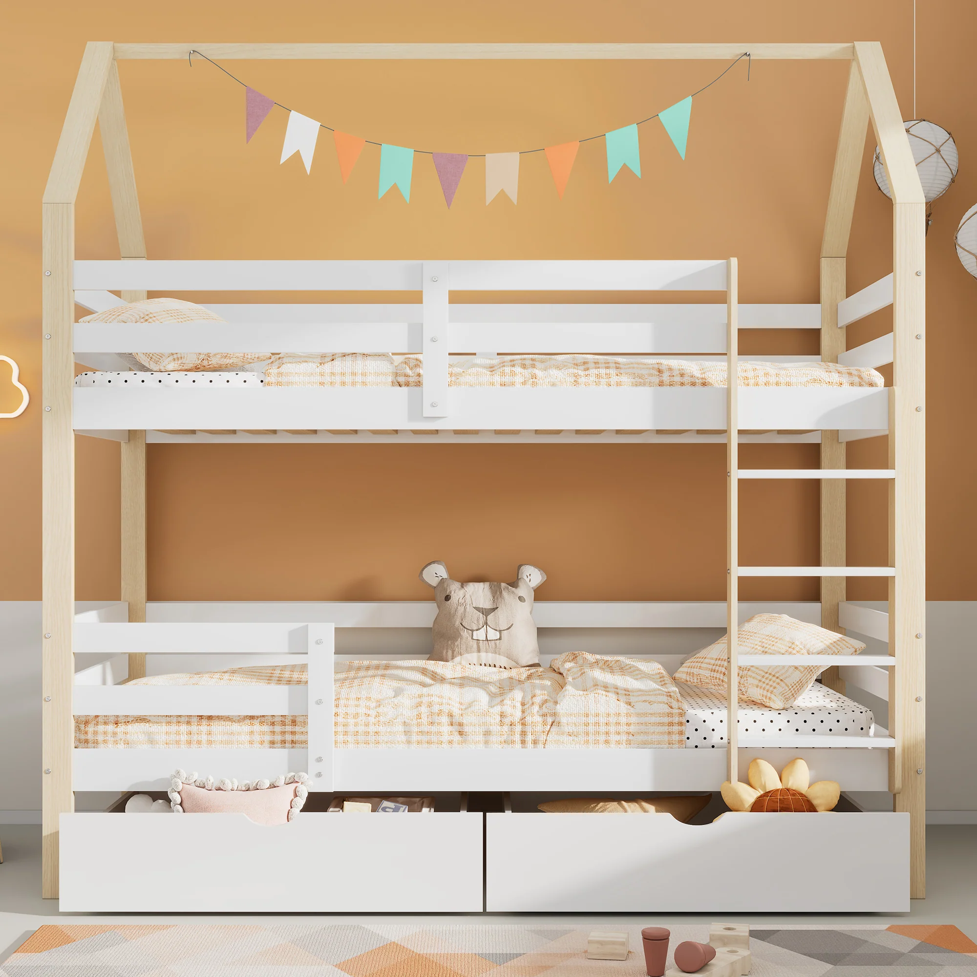 Children's House Bed 90x200cm with Large Drawers Pine Wood white+wood color - Image 2