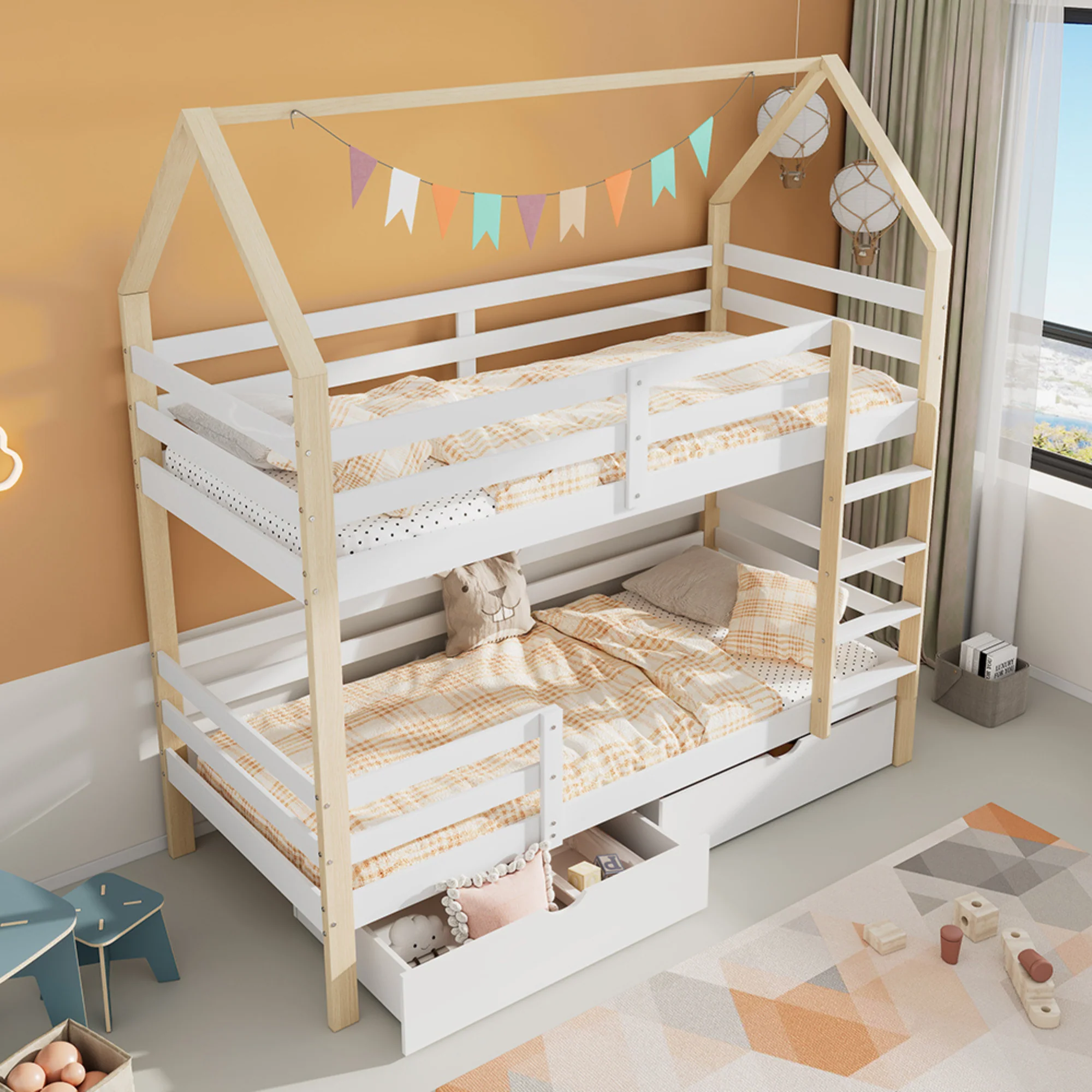 Children's House Bed 90x200cm with Large Drawers Pine Wood white+wood color - Image 3