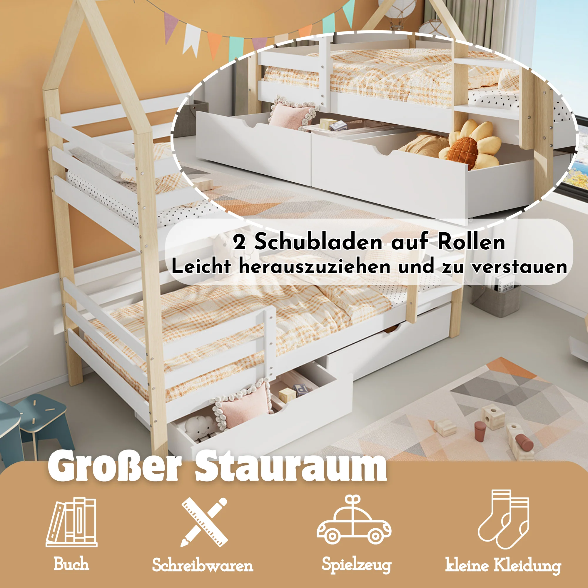 Children's House Bed 90x200cm with Large Drawers Pine Wood white+wood color - Image 4