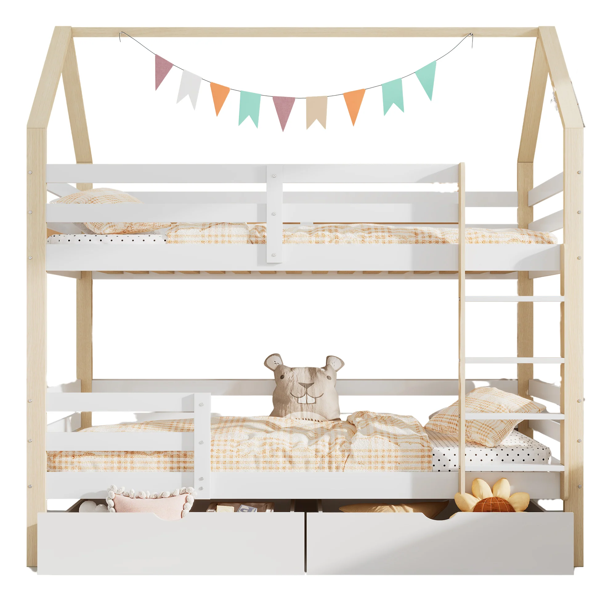 Children's House Bed 90x200cm with Large Drawers Pine Wood white+wood color - Image 5