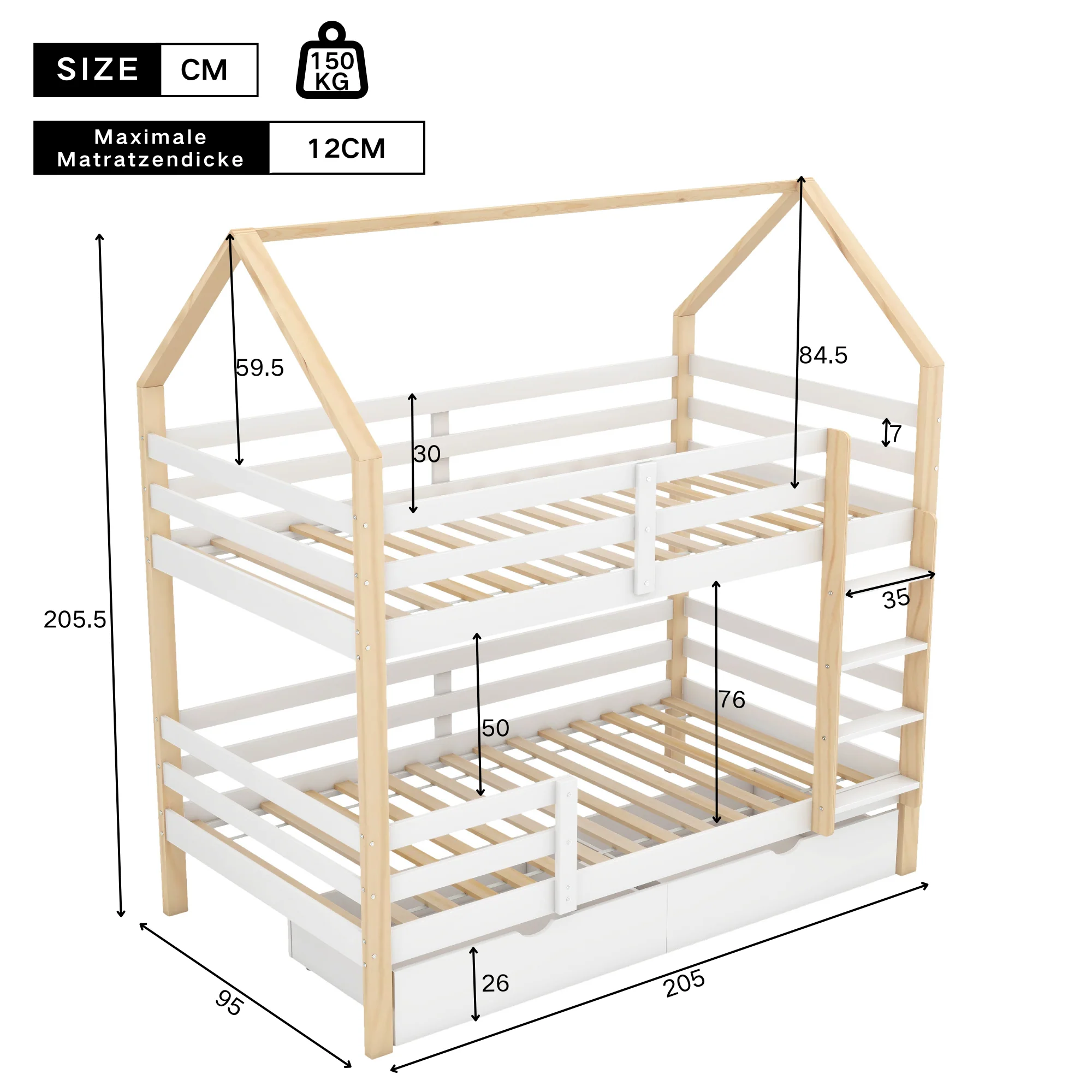 Children's House Bed 90x200cm with Large Drawers Pine Wood white+wood color - Image 6