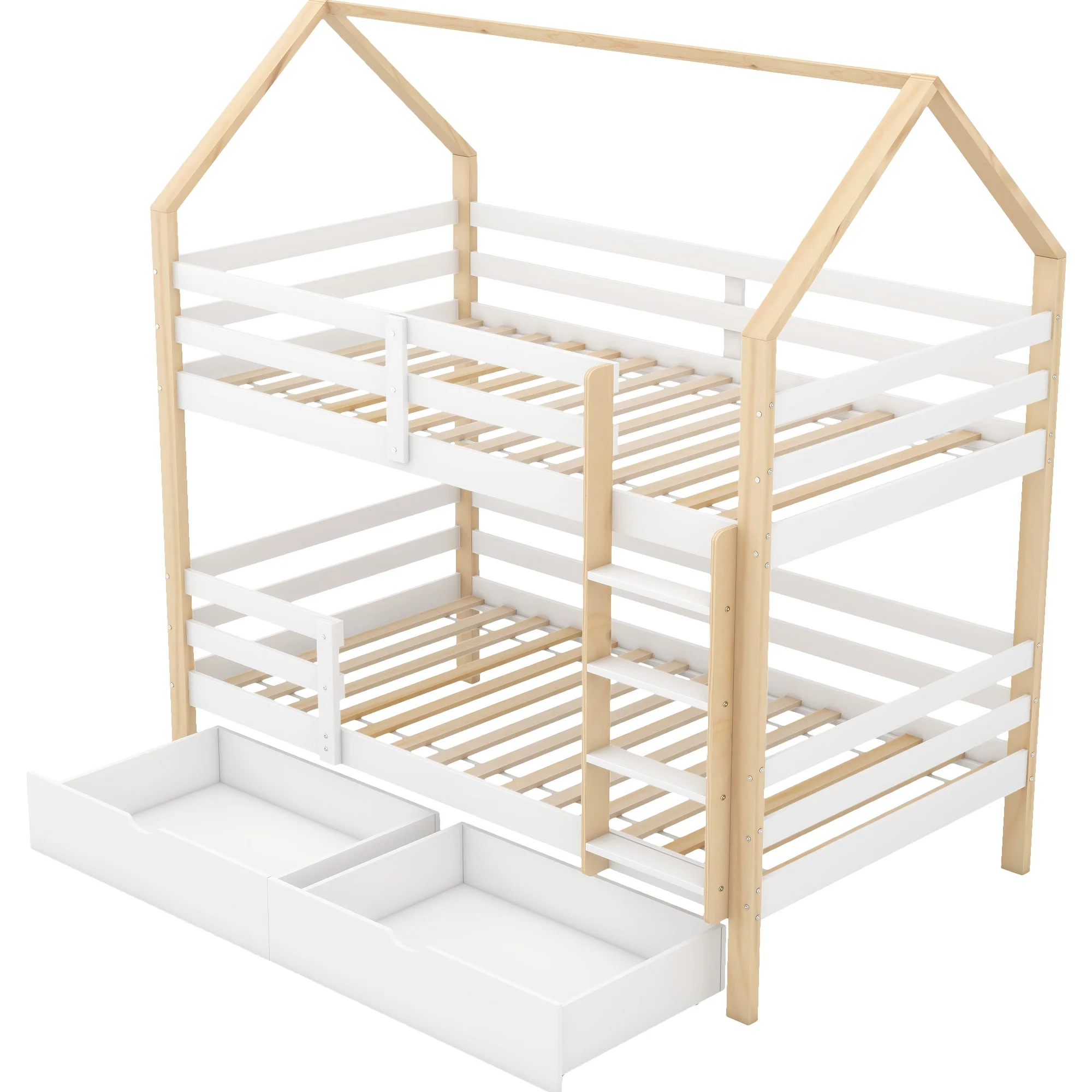 Children's House Bed 90x200cm with Large Drawers Pine Wood white+wood color - Image 9