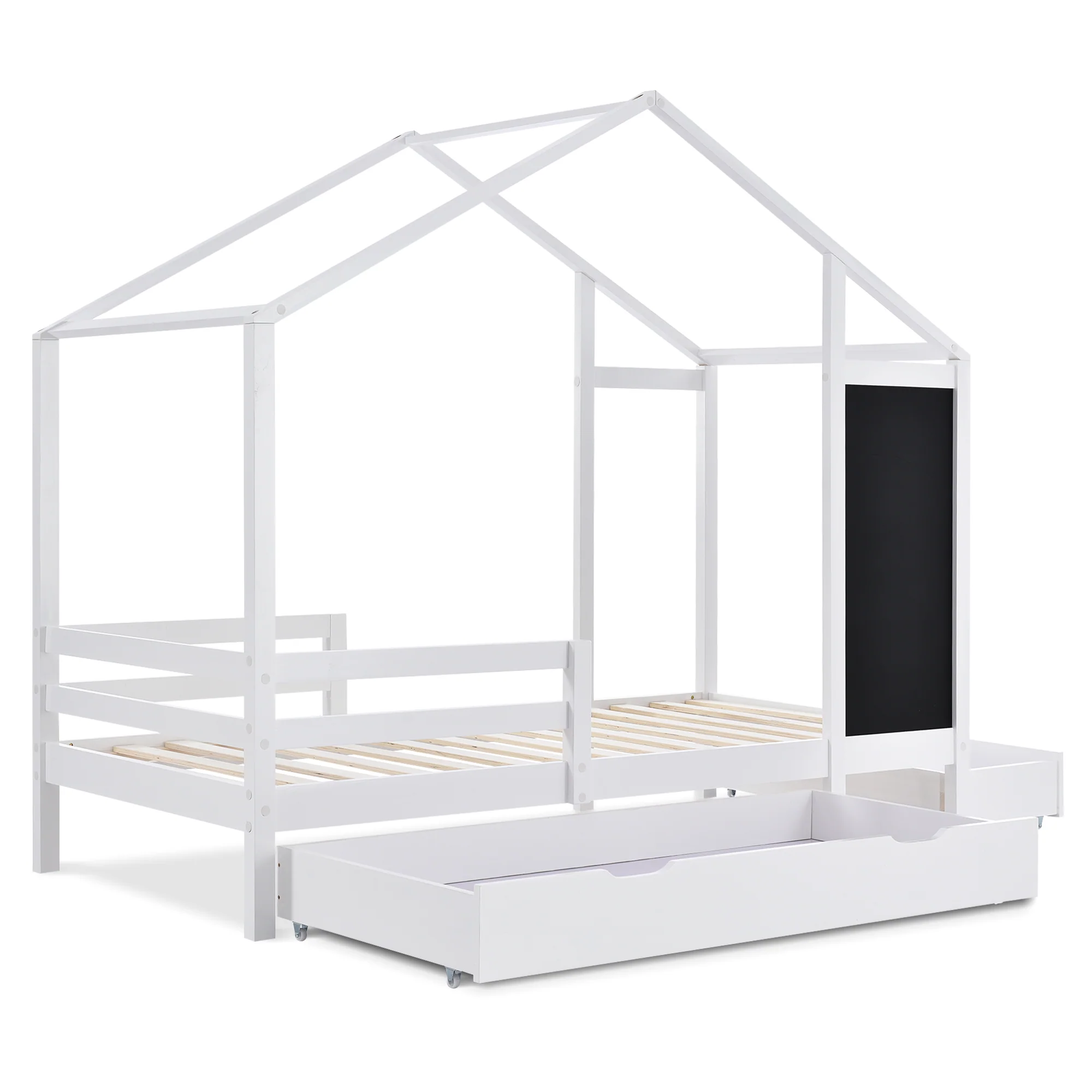Children's House Bed 90x200cm, Wooden with Blackboard, 2 Drawers, Solid Wood White - Image 5