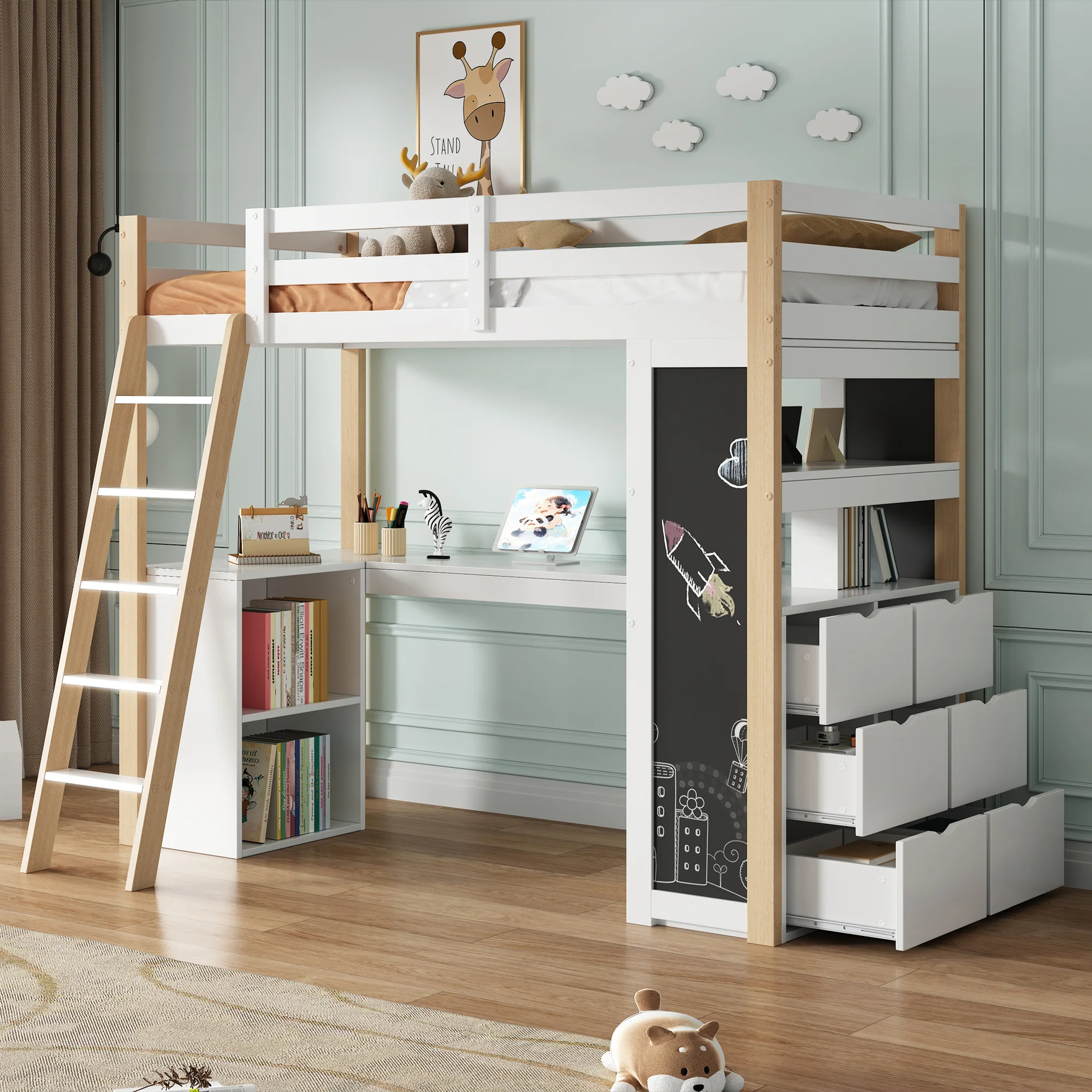 Children's Loft Bed 90x200cm Desk Ladder Storage & Chalkboard - White/Natural