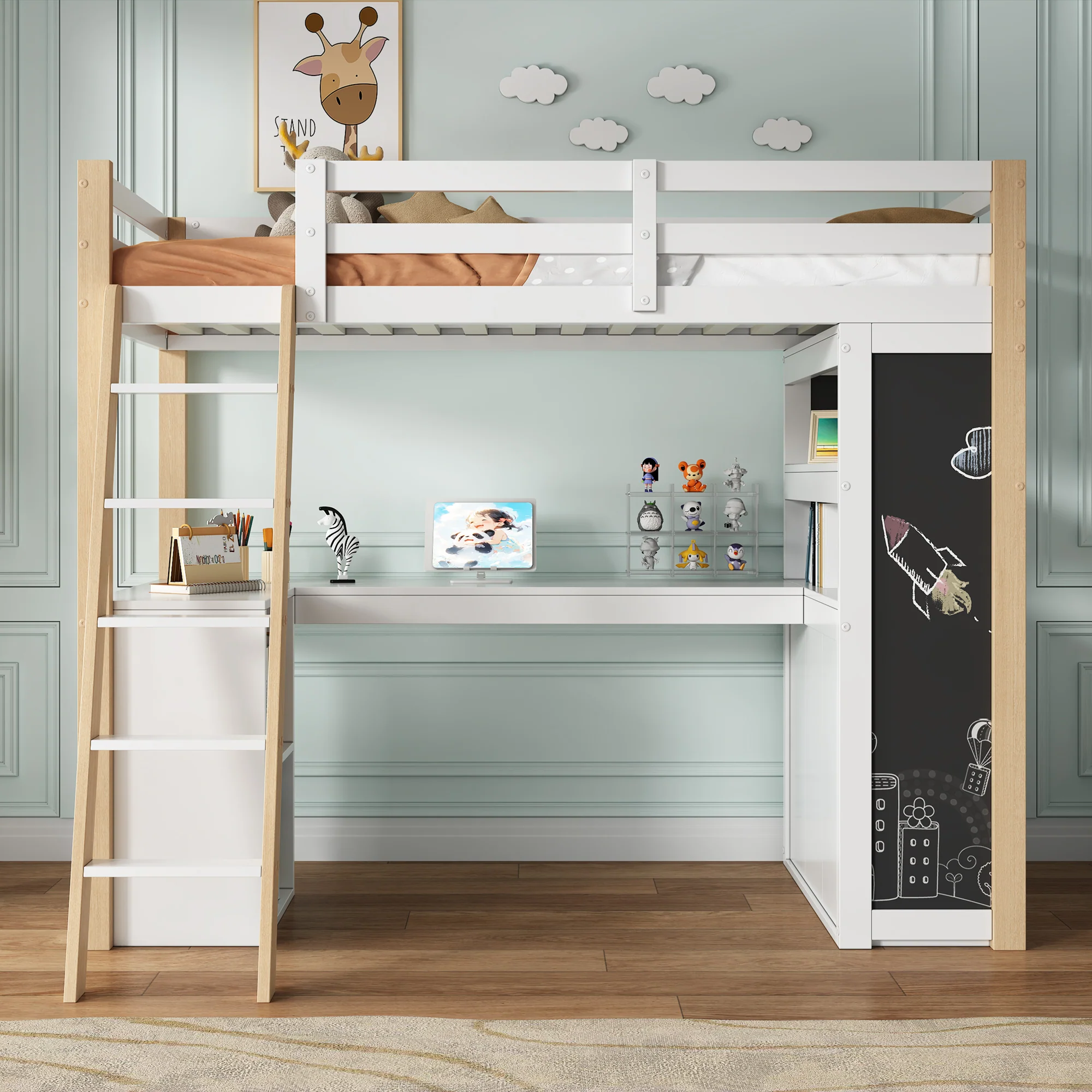 Children's Loft Bed 90x200cm Desk Ladder Storage & Chalkboard - White/Natural - Image 2