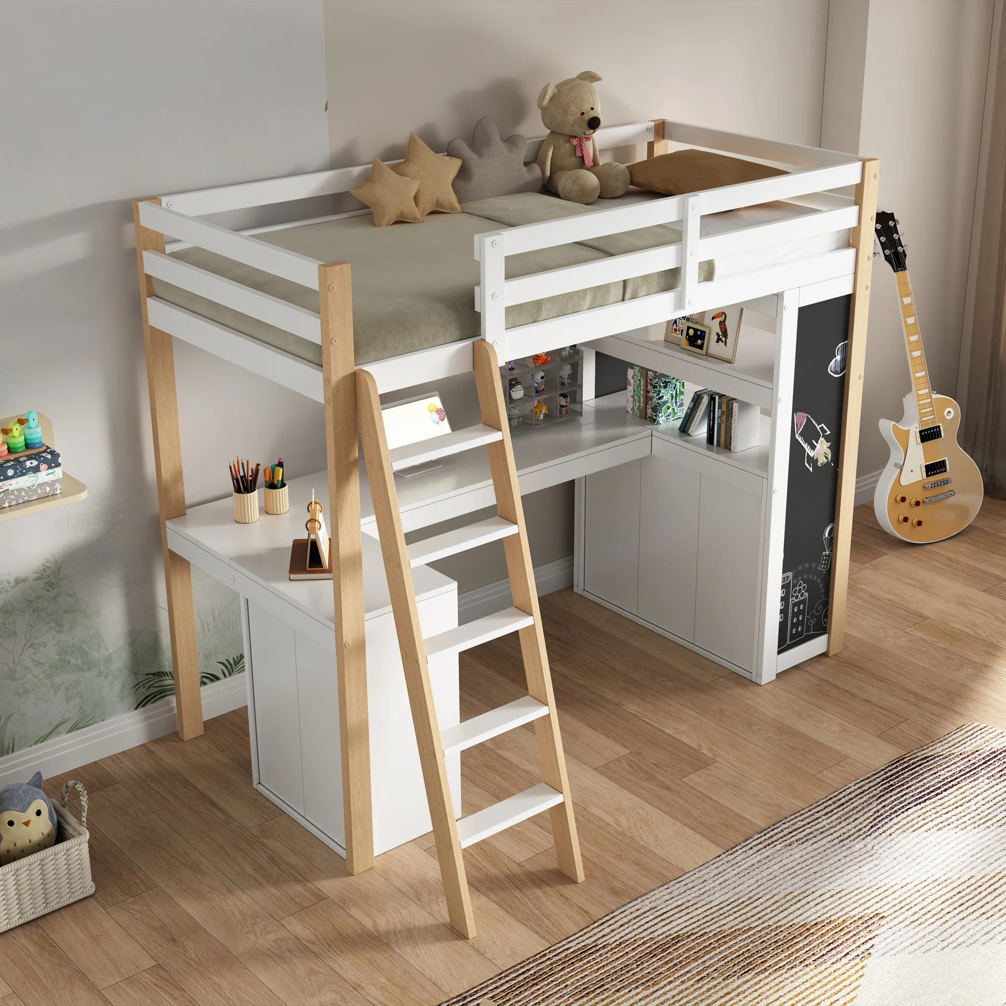Children's Loft Bed 90x200cm Desk Ladder Storage & Chalkboard - White/Natural - Image 3