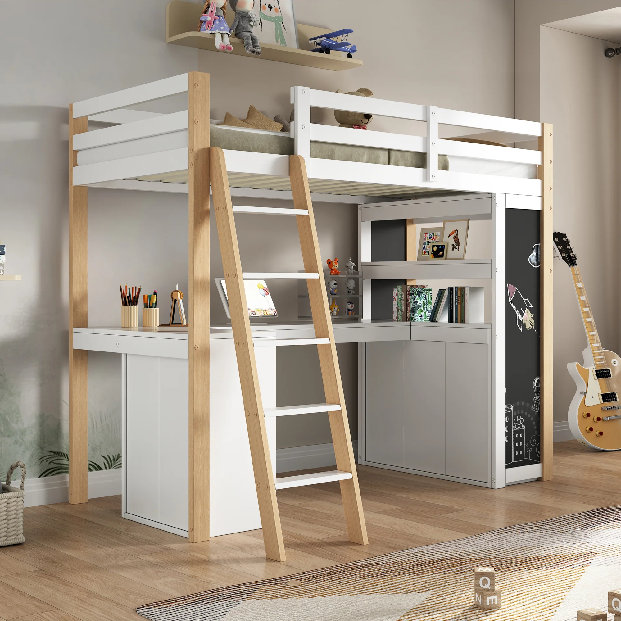 Children's Loft Bed 90x200cm Desk Ladder Storage & Chalkboard - White/Natural - Image 4
