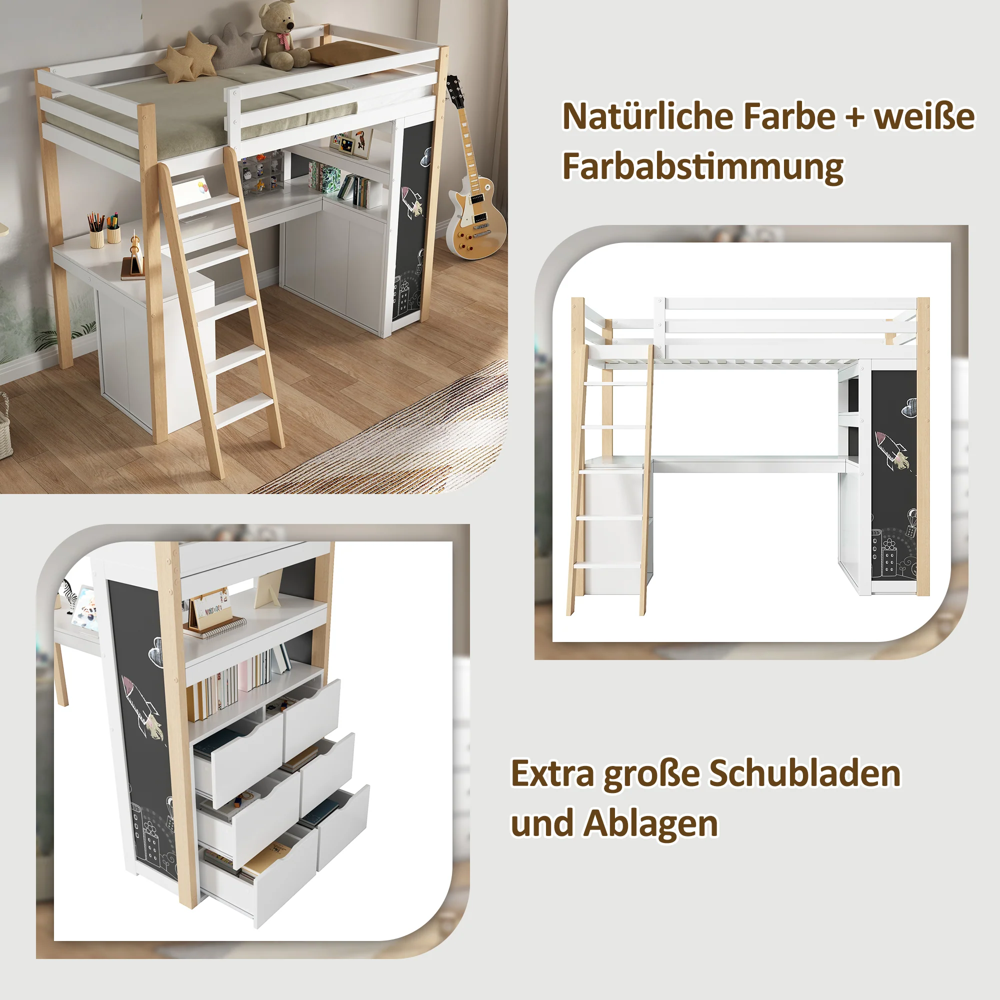 Children's Loft Bed 90x200cm Desk Ladder Storage & Chalkboard - White/Natural - Image 5
