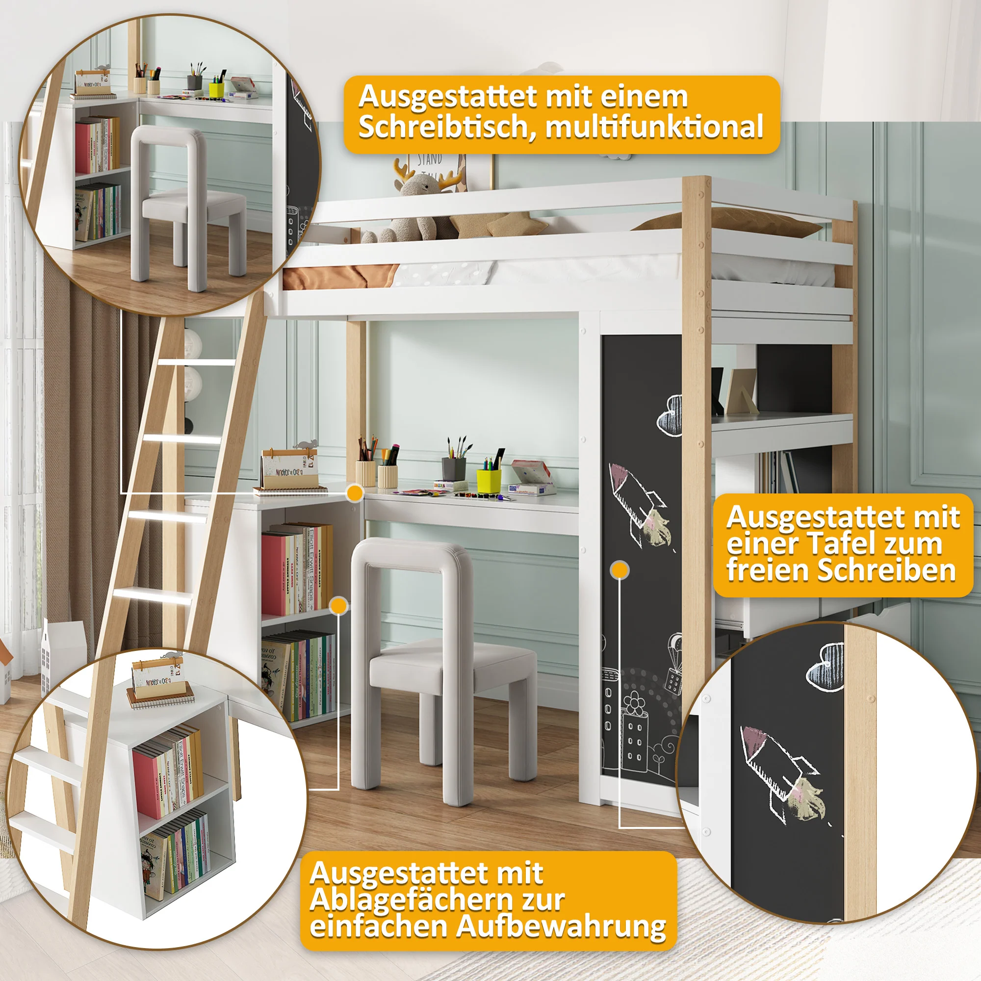 Children's Loft Bed 90x200cm Desk Ladder Storage & Chalkboard - White/Natural - Image 6