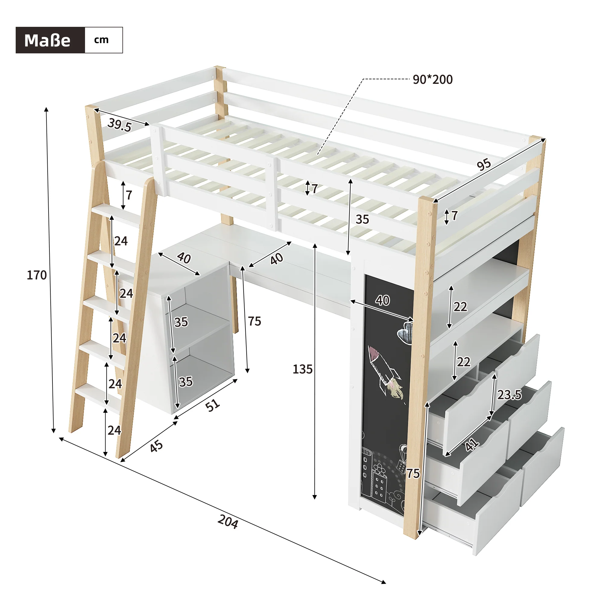 Children's Loft Bed 90x200cm Desk Ladder Storage & Chalkboard - White/Natural - Image 7