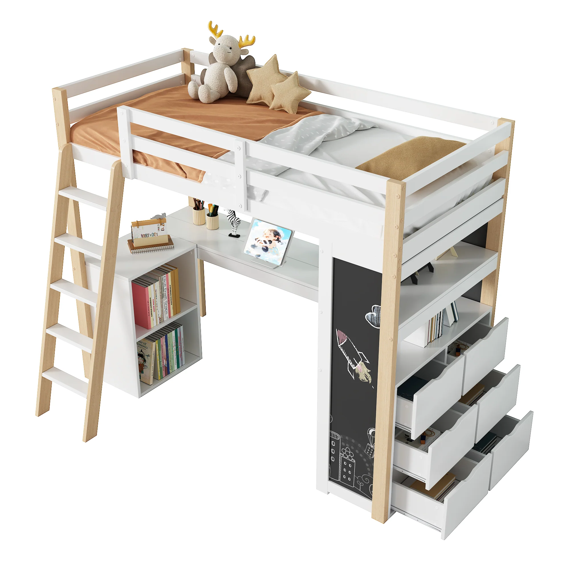 Children's Loft Bed 90x200cm Desk Ladder Storage & Chalkboard - White/Natural - Image 8