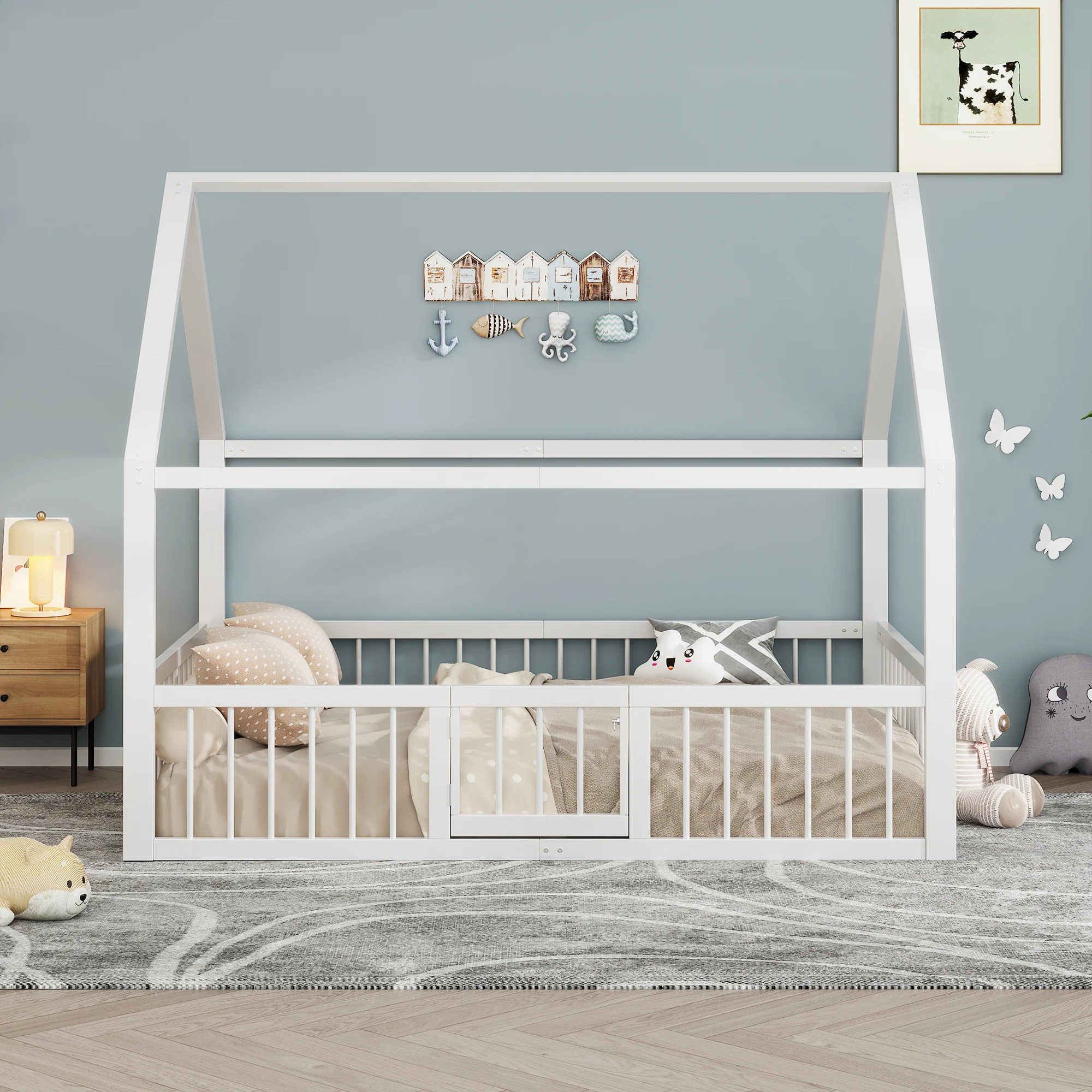 Children's Metal Bed 140x200cm House Design with Railing - White