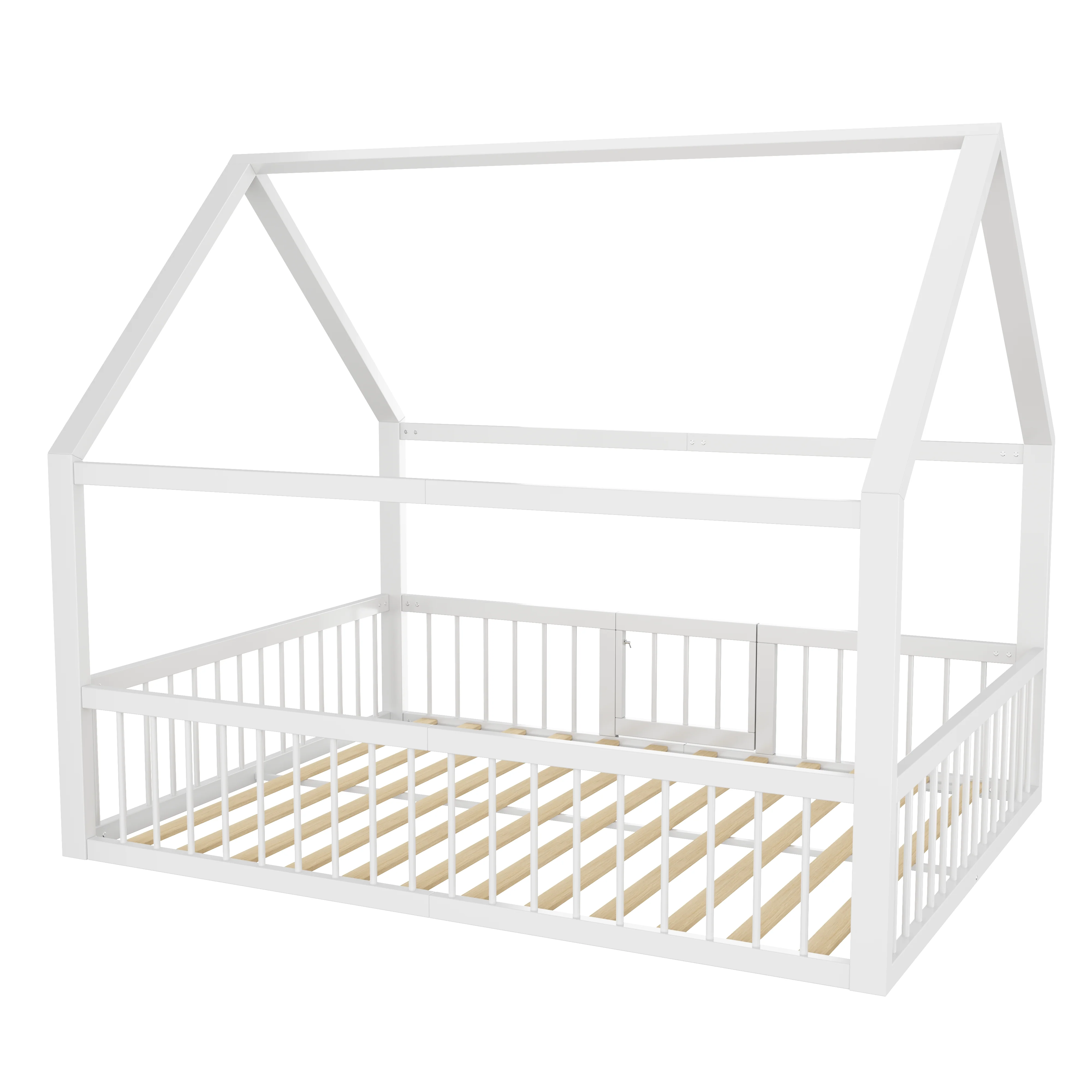 Children's Metal Bed 140x200cm House Design with Railing - White - Image 10