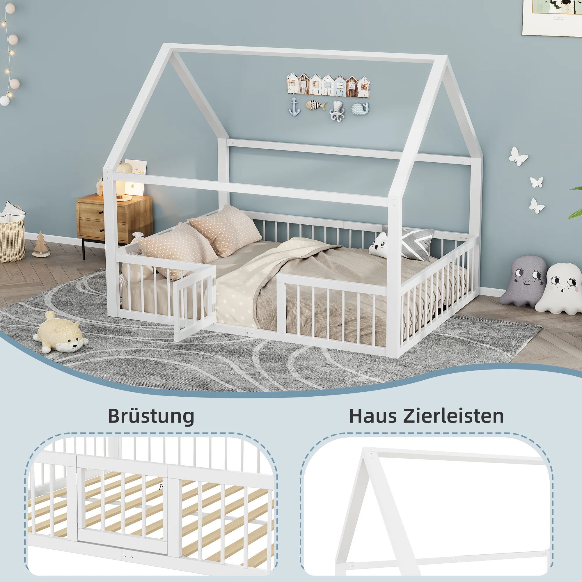 Children's Metal Bed 140x200cm House Design with Railing - White - Image 2