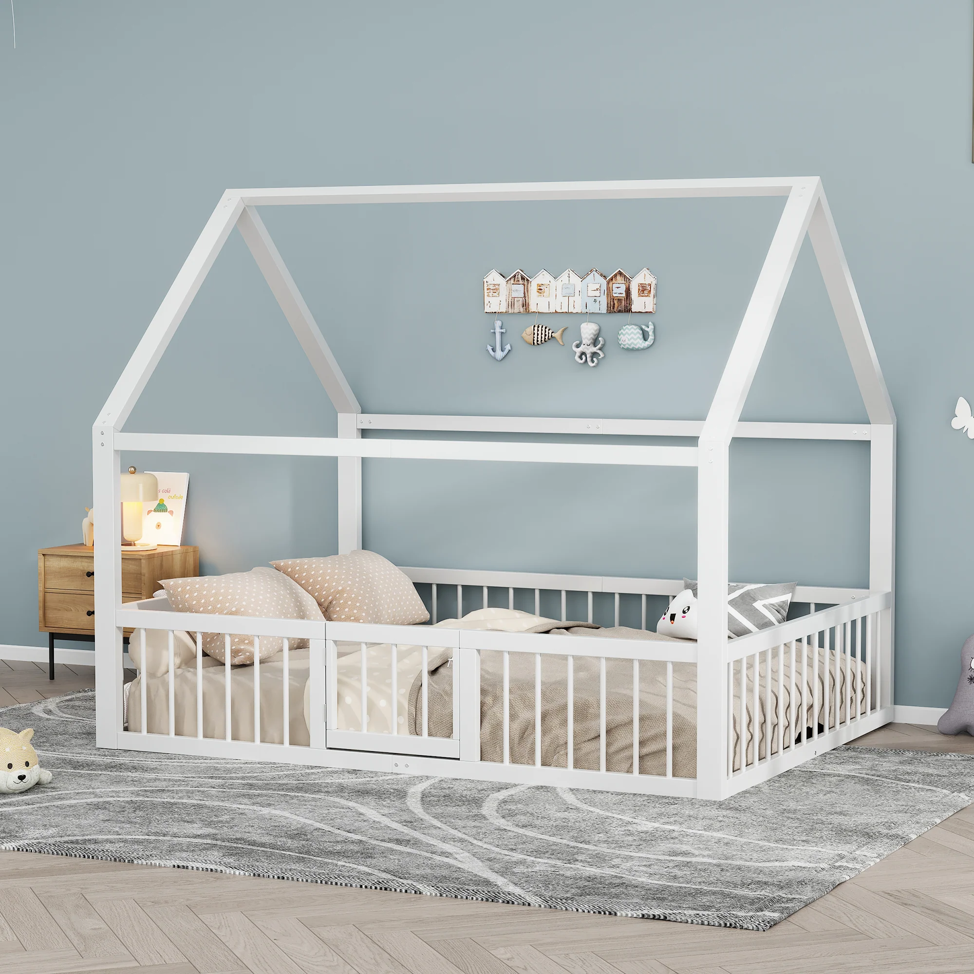 Children's Metal Bed 140x200cm House Design with Railing - White - Image 3