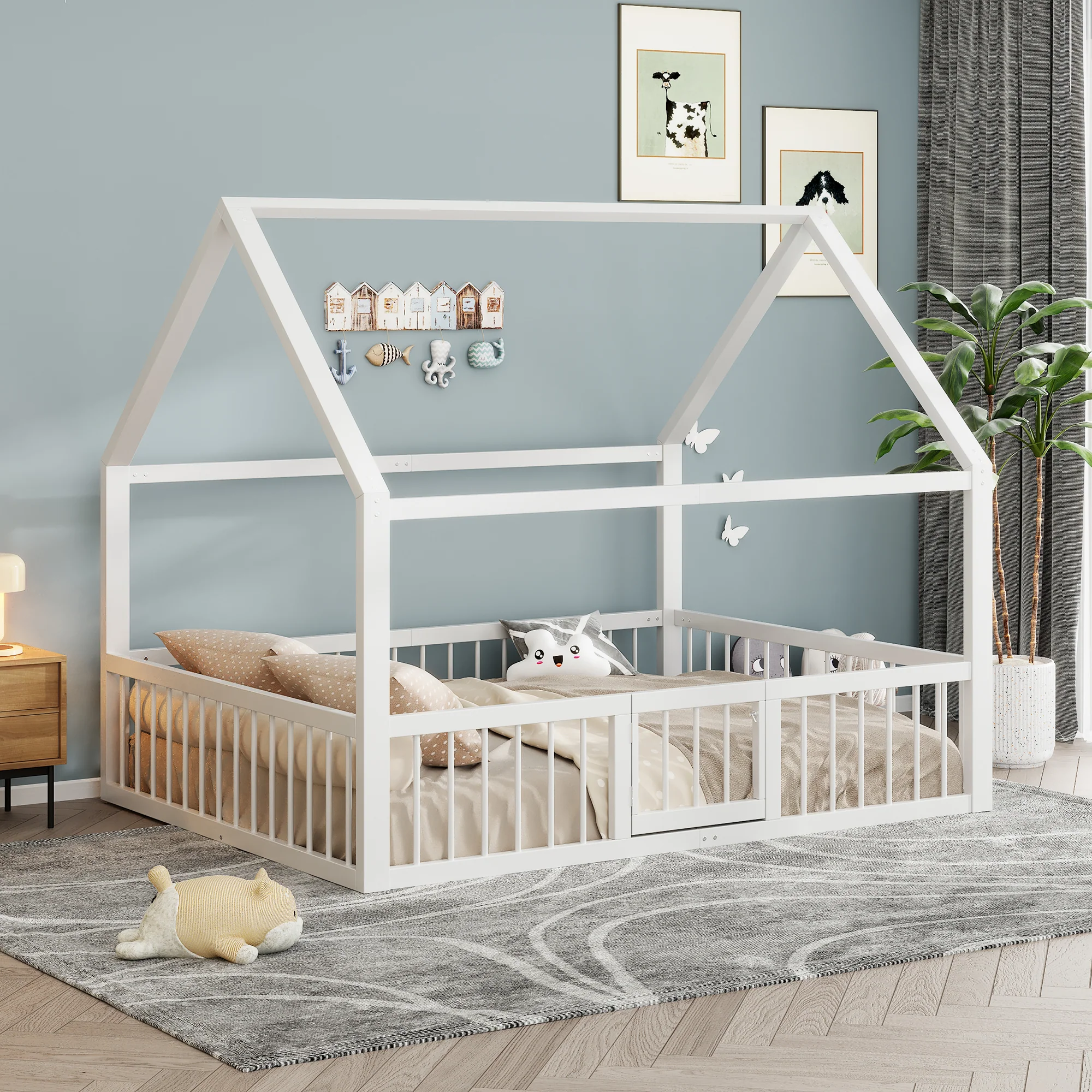Children's Metal Bed 140x200cm House Design with Railing - White - Image 4