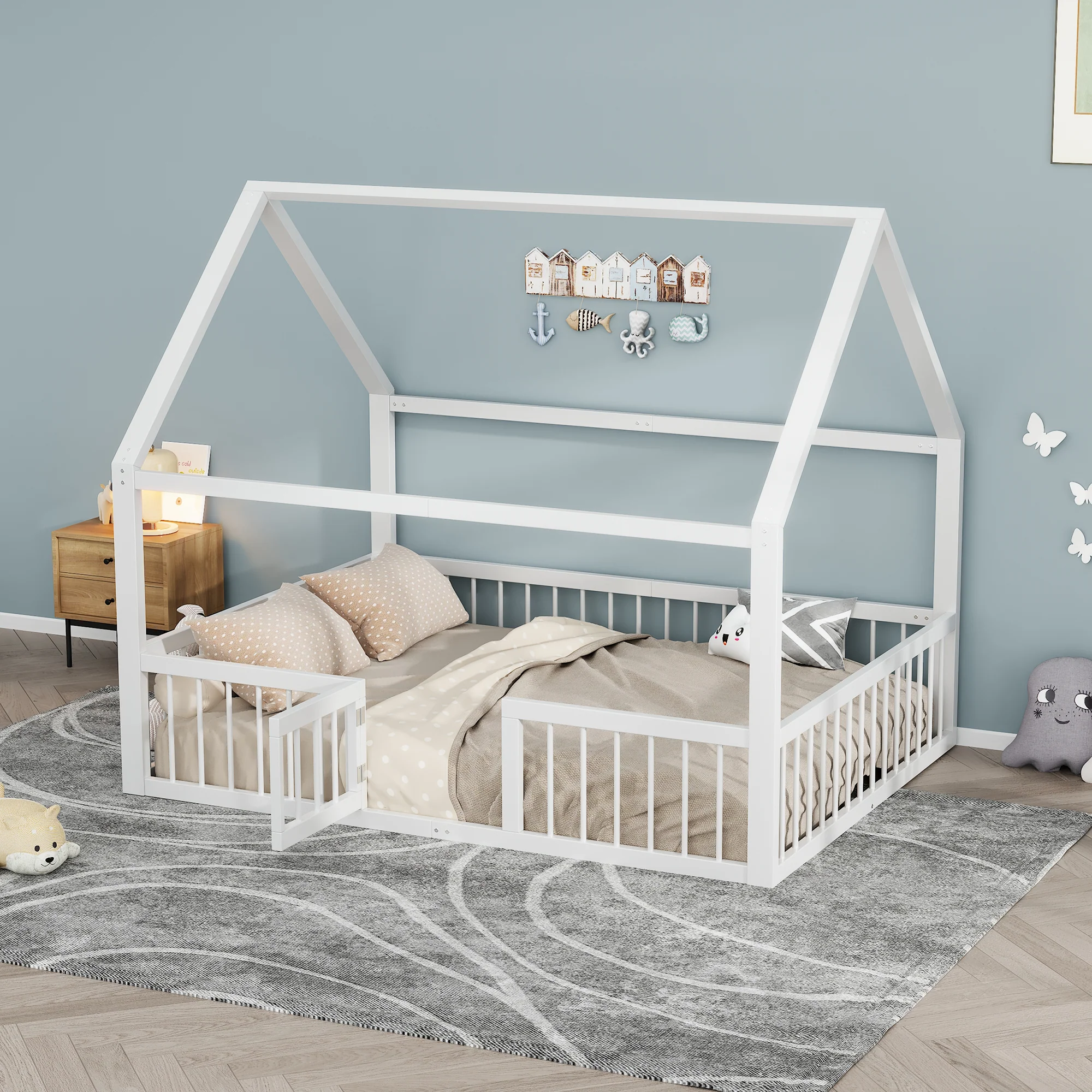 Children's Metal Bed 140x200cm House Design with Railing - White - Image 5