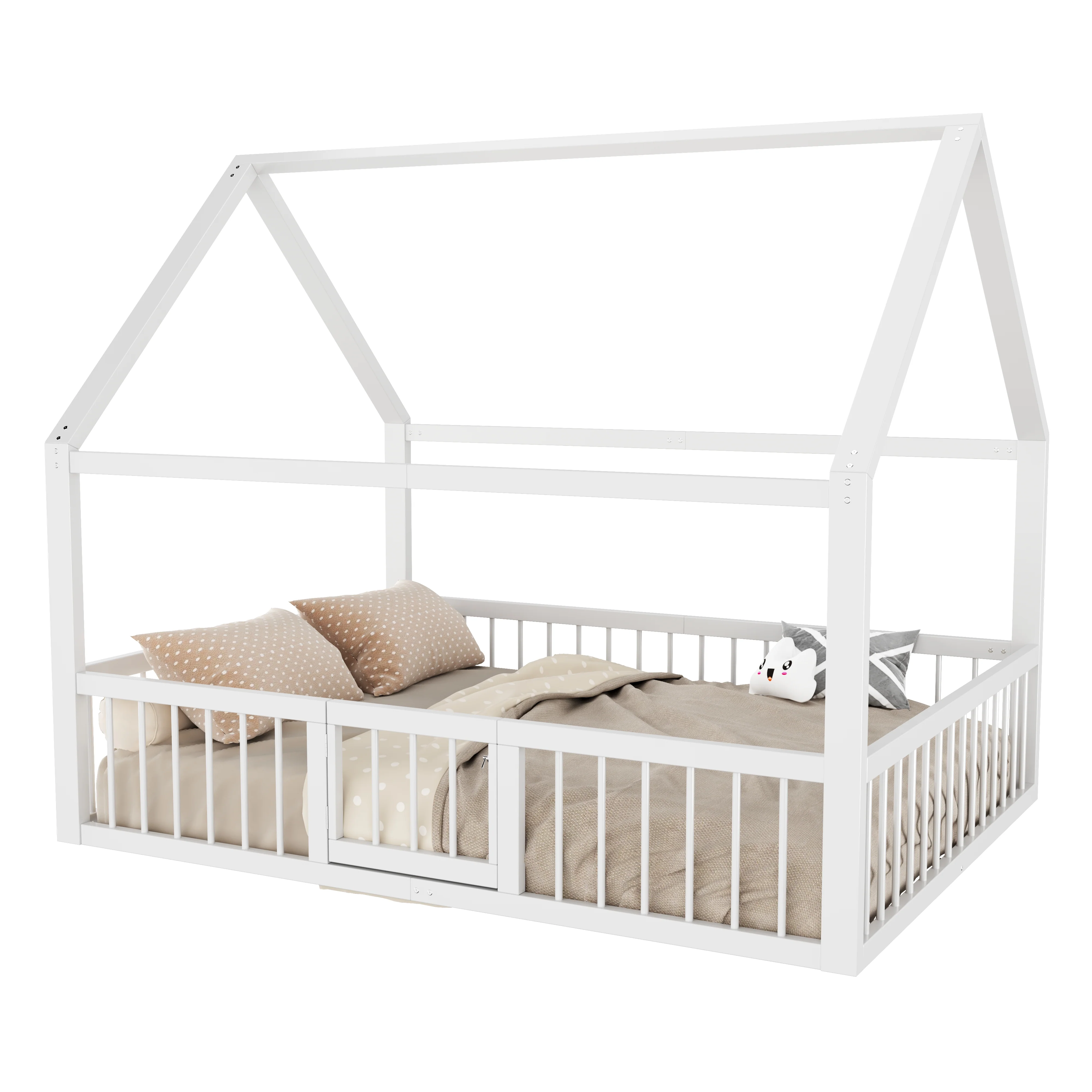 Children's Metal Bed 140x200cm House Design with Railing - White - Image 6