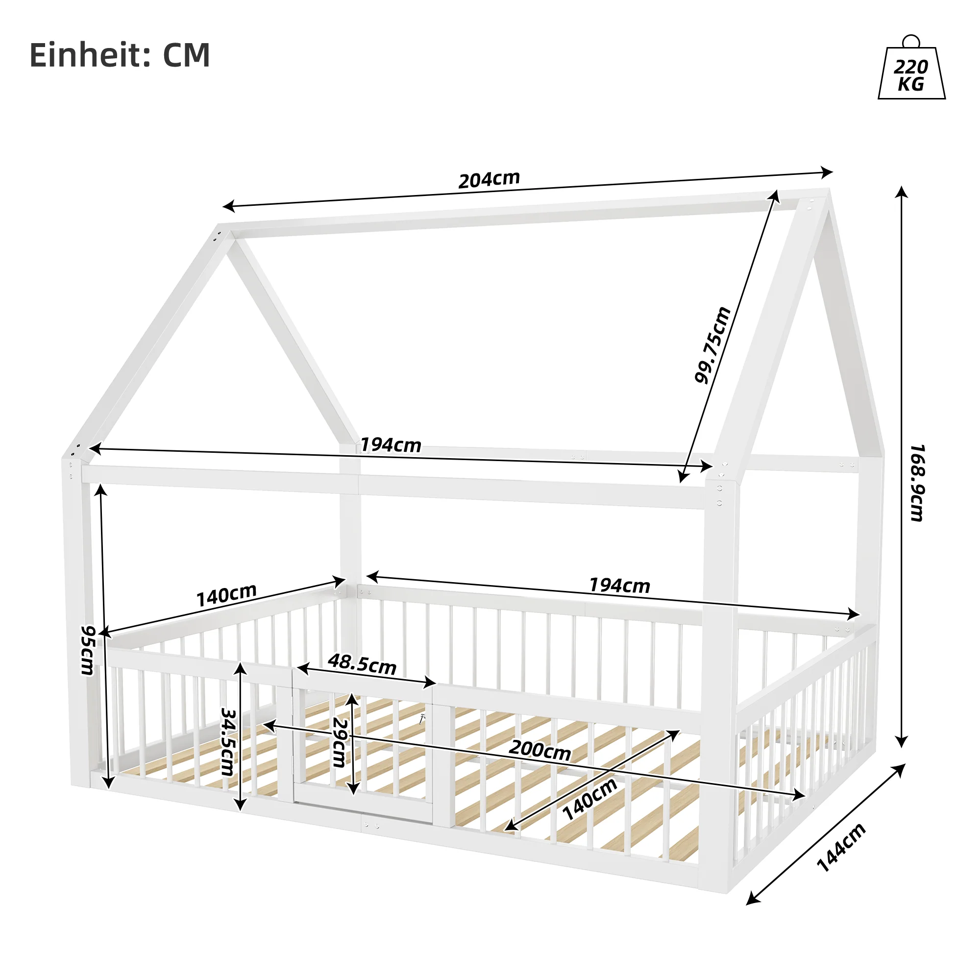 Children's Metal Bed 140x200cm House Design with Railing - White - Image 7