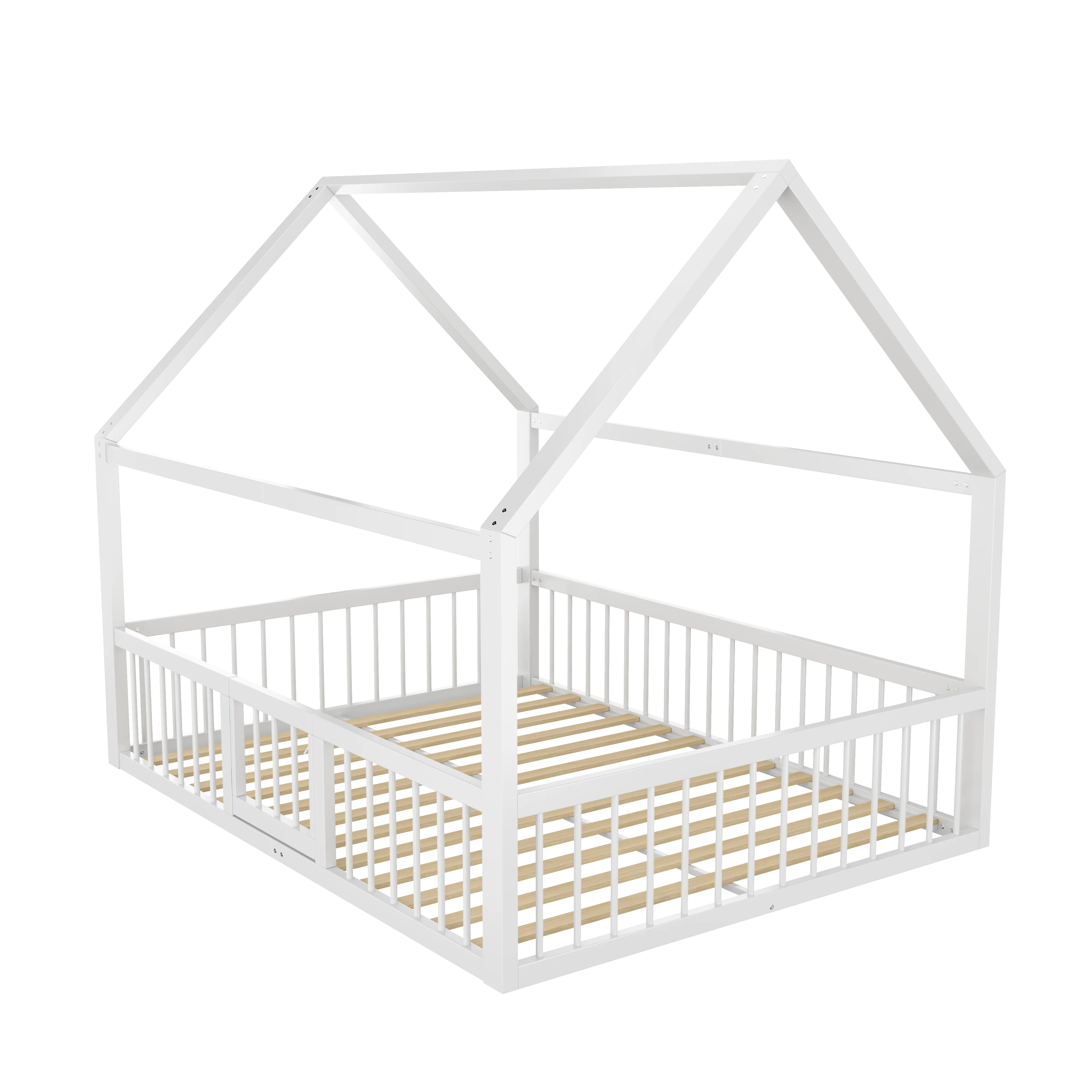 Children's Metal Bed 140x200cm House Design with Railing - White - Image 8