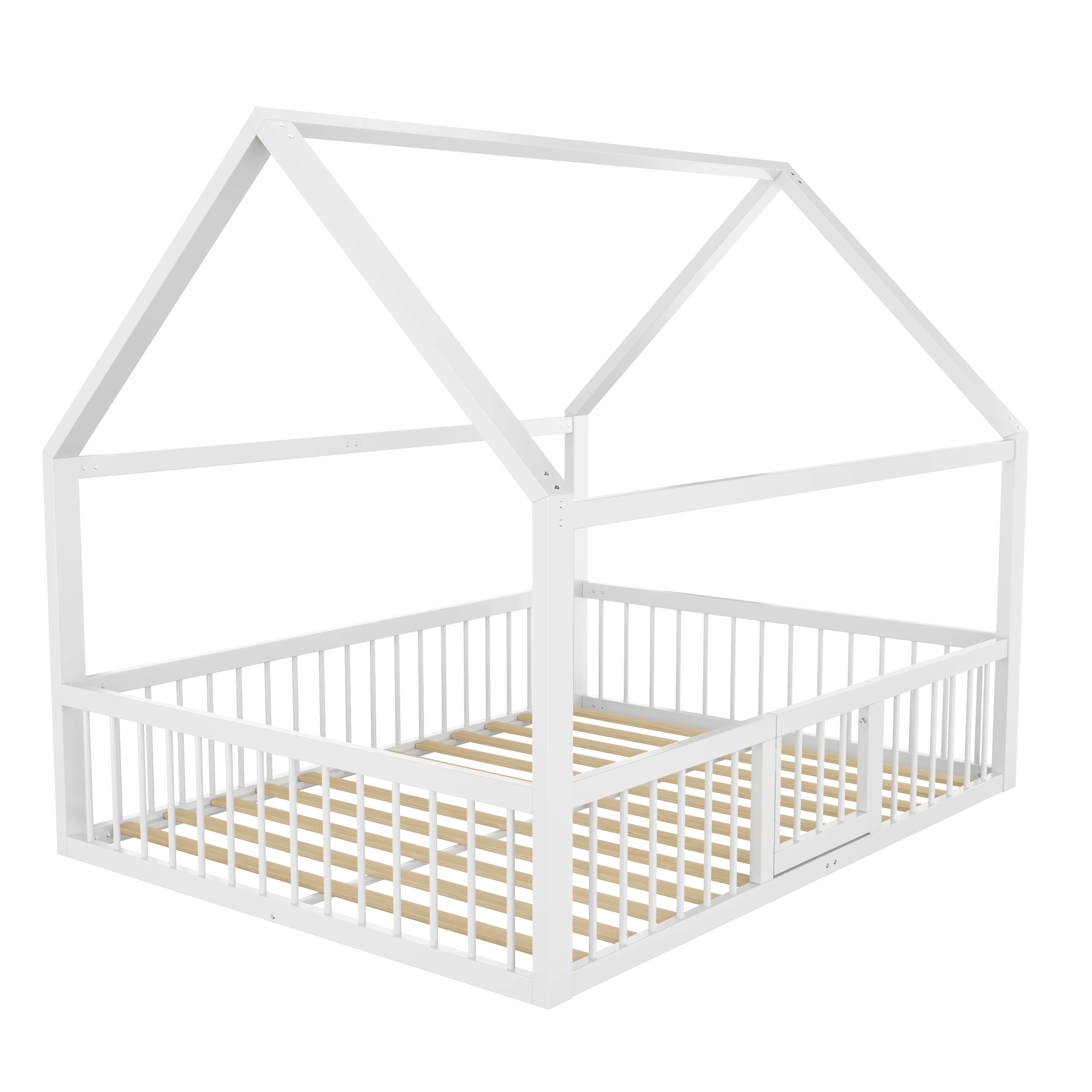 Children's Metal Bed 140x200cm House Design with Railing - White - Image 9