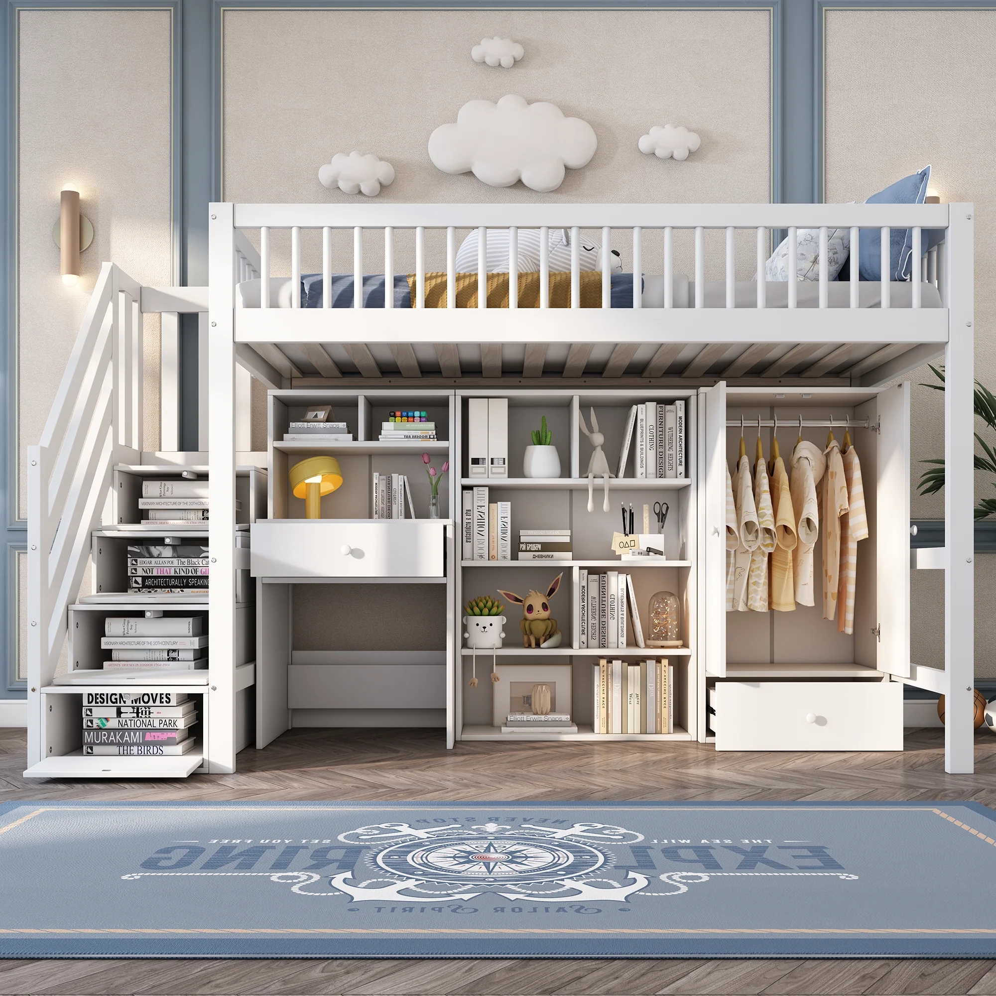 Children's Multifunctional Bed 90x200cm Desk Stairs Lockers Wardrobe - Solid Wood/MDF White - Image 2