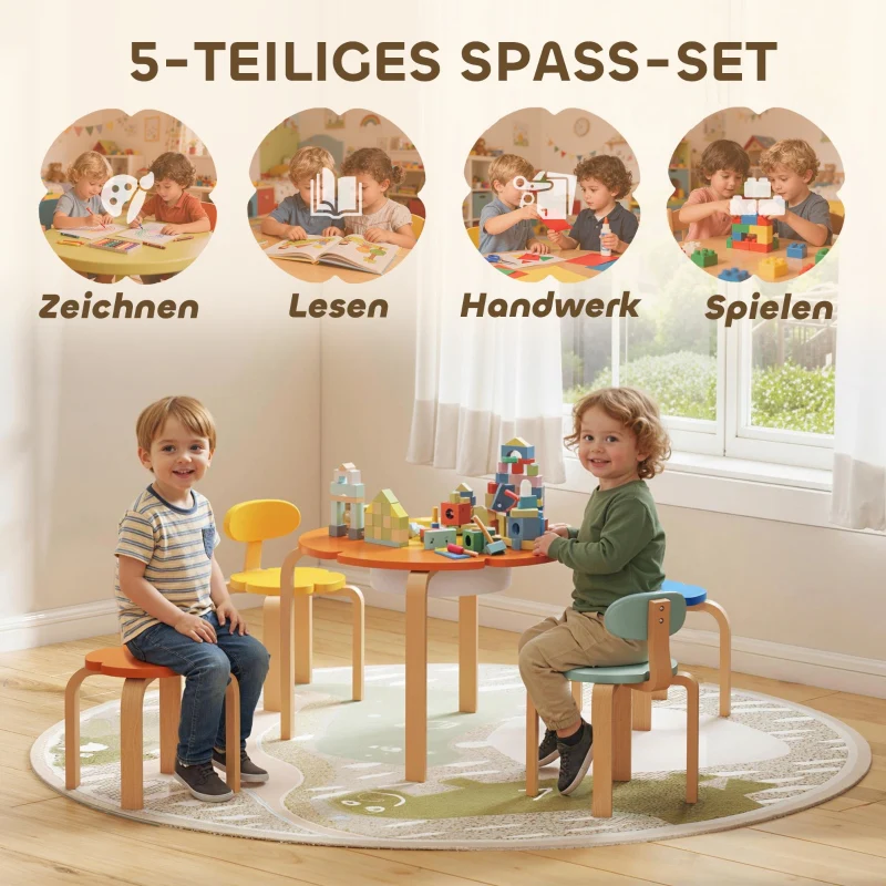 Children's Table and Chair Set 5-Piece Flower Shape Storage Bag - Wood Colorful - Image 4