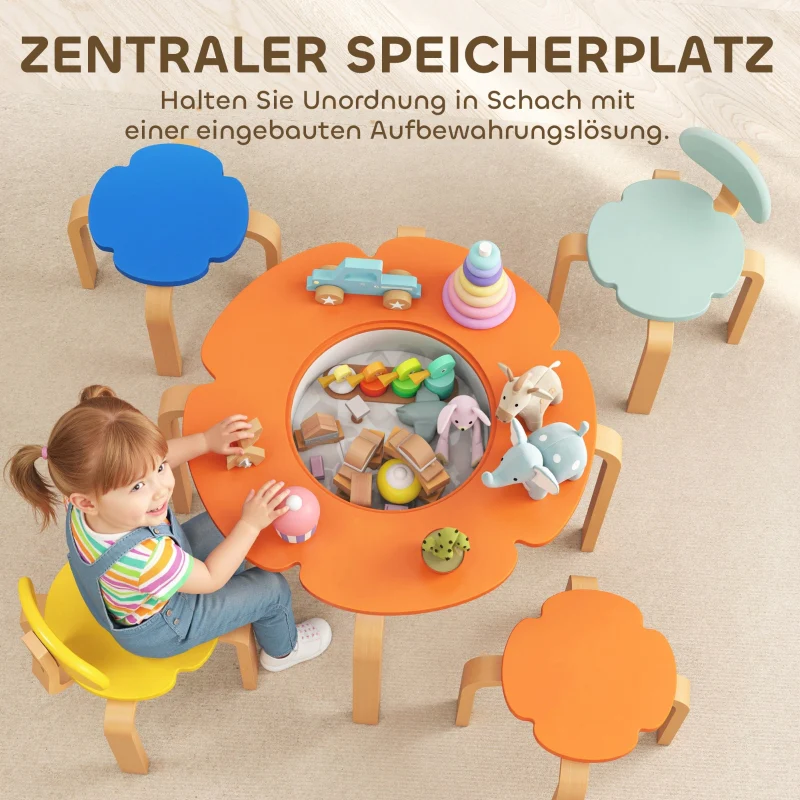Children's Table and Chair Set 5-Piece Flower Shape Storage Bag - Wood Colorful - Image 5